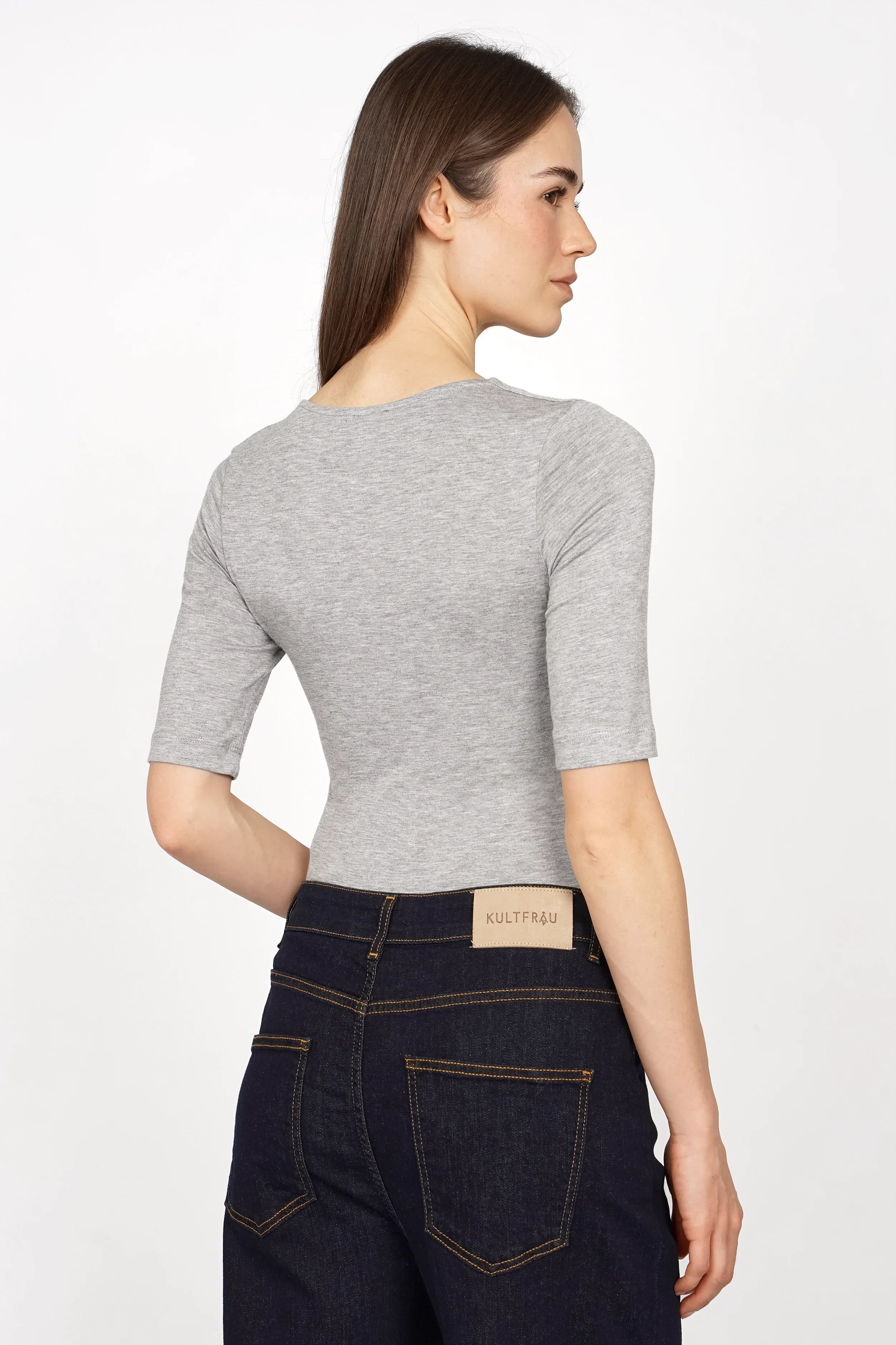 JALYN Shirt graues Slim Fit Jerseyshirt mit halblangen Ärmeln und U-Boot Ausschnitt aus weicher Viskose, Rückansicht