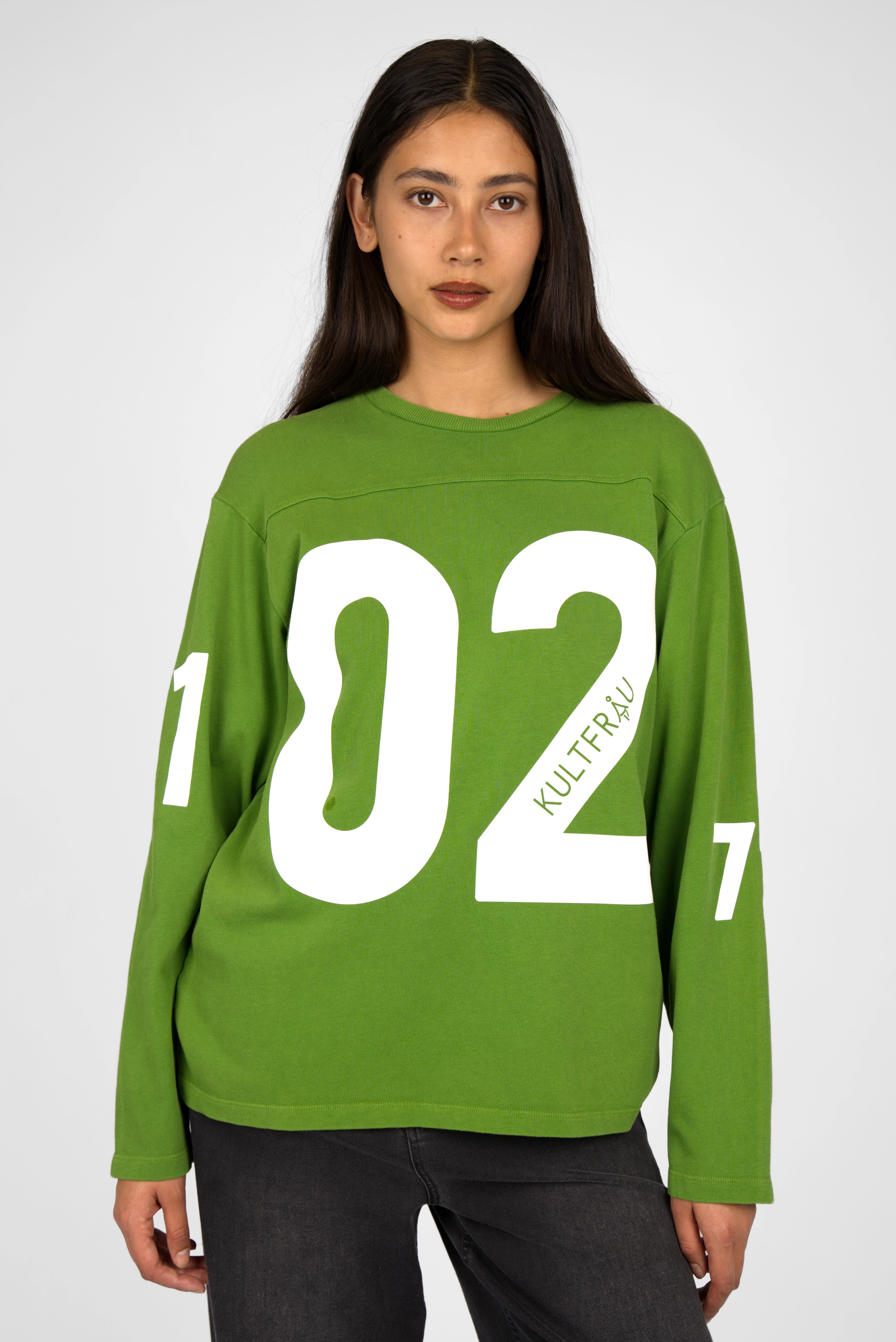 AGA Statement Sweater green oversized cotton jersey with bold white number print on front and sleeves