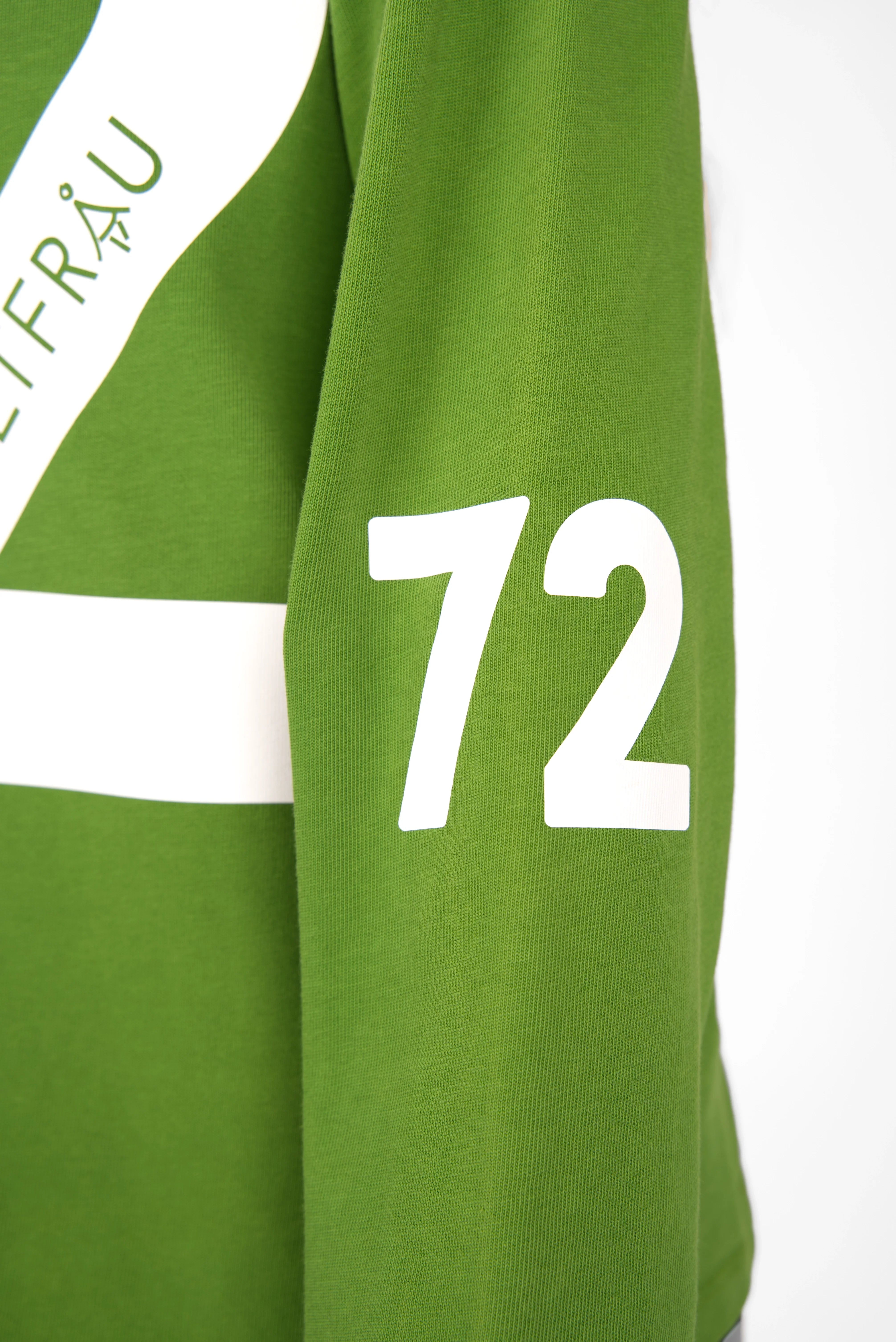 Green AGA Statement Sweater with bold white number 72 print on sleeve and chest, round neckline, regular fit cotton jersey.