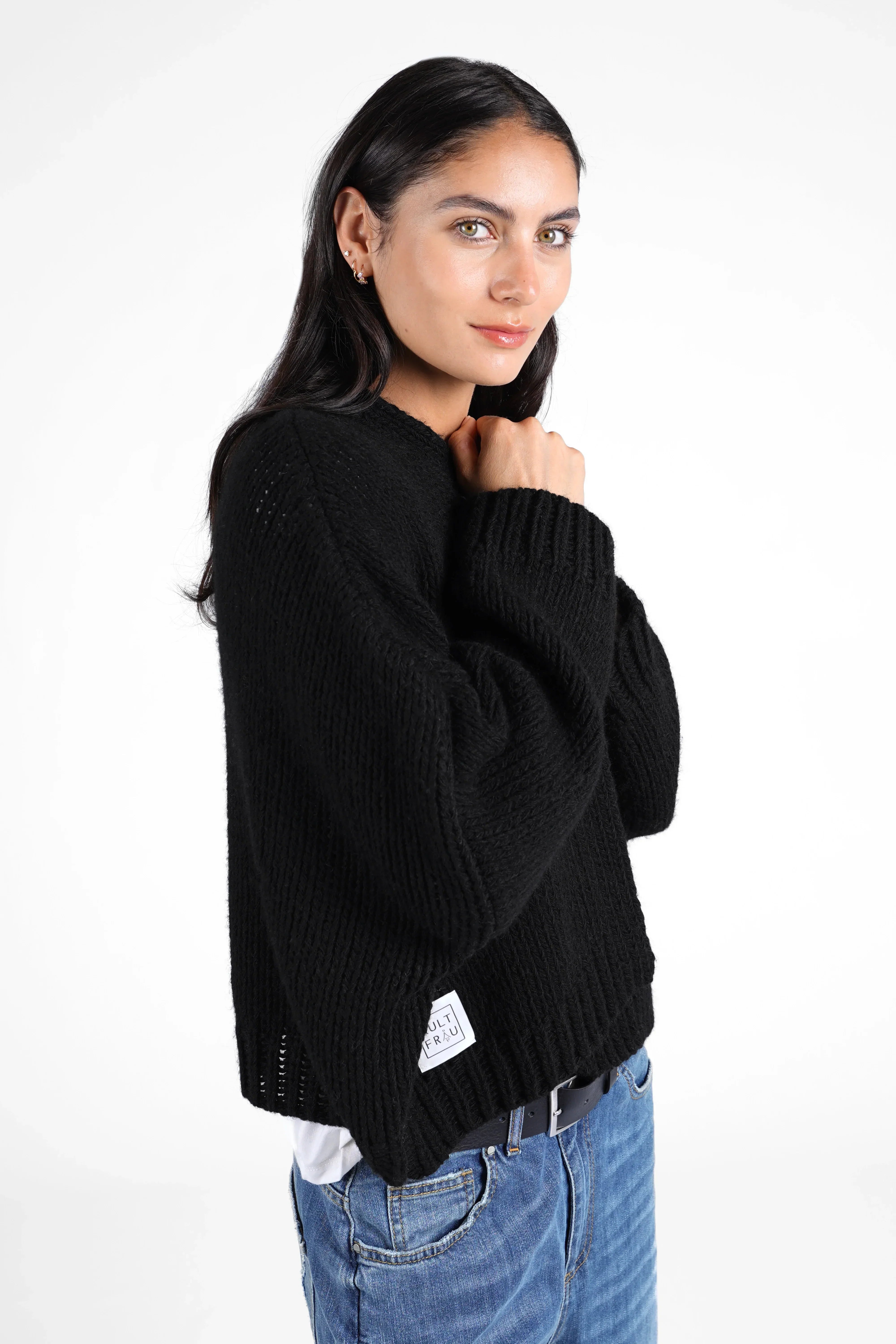 ALIXA Cropped Strickcardigan schwarzer Woll-Mix Cardigan mit Schalkragen im Oversize-Look