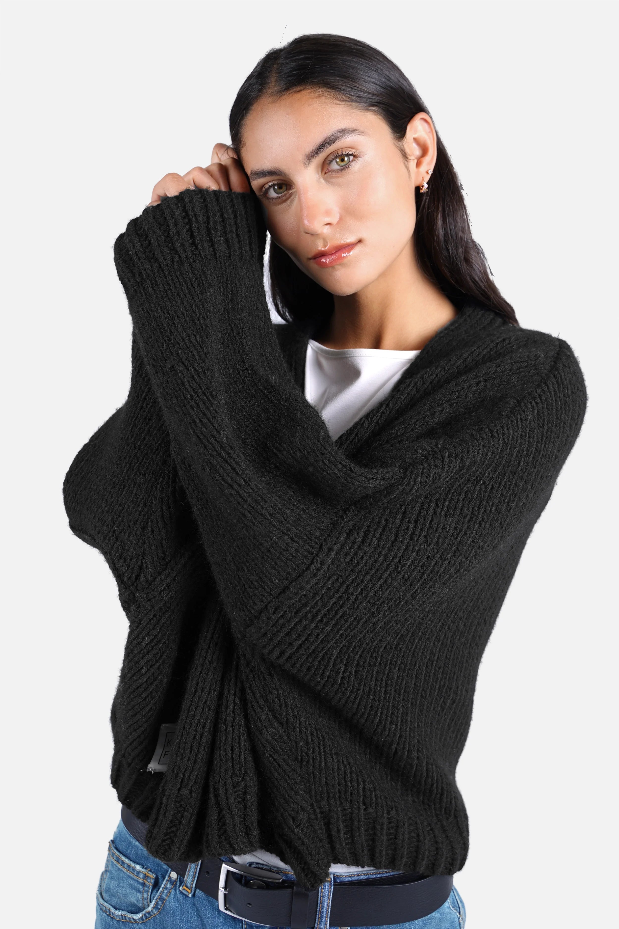 ALIXA Cropped Strickcardigan Oversize Woll-Mix mit Schalkragen und gerippten Abschlüssen in offenem Stil