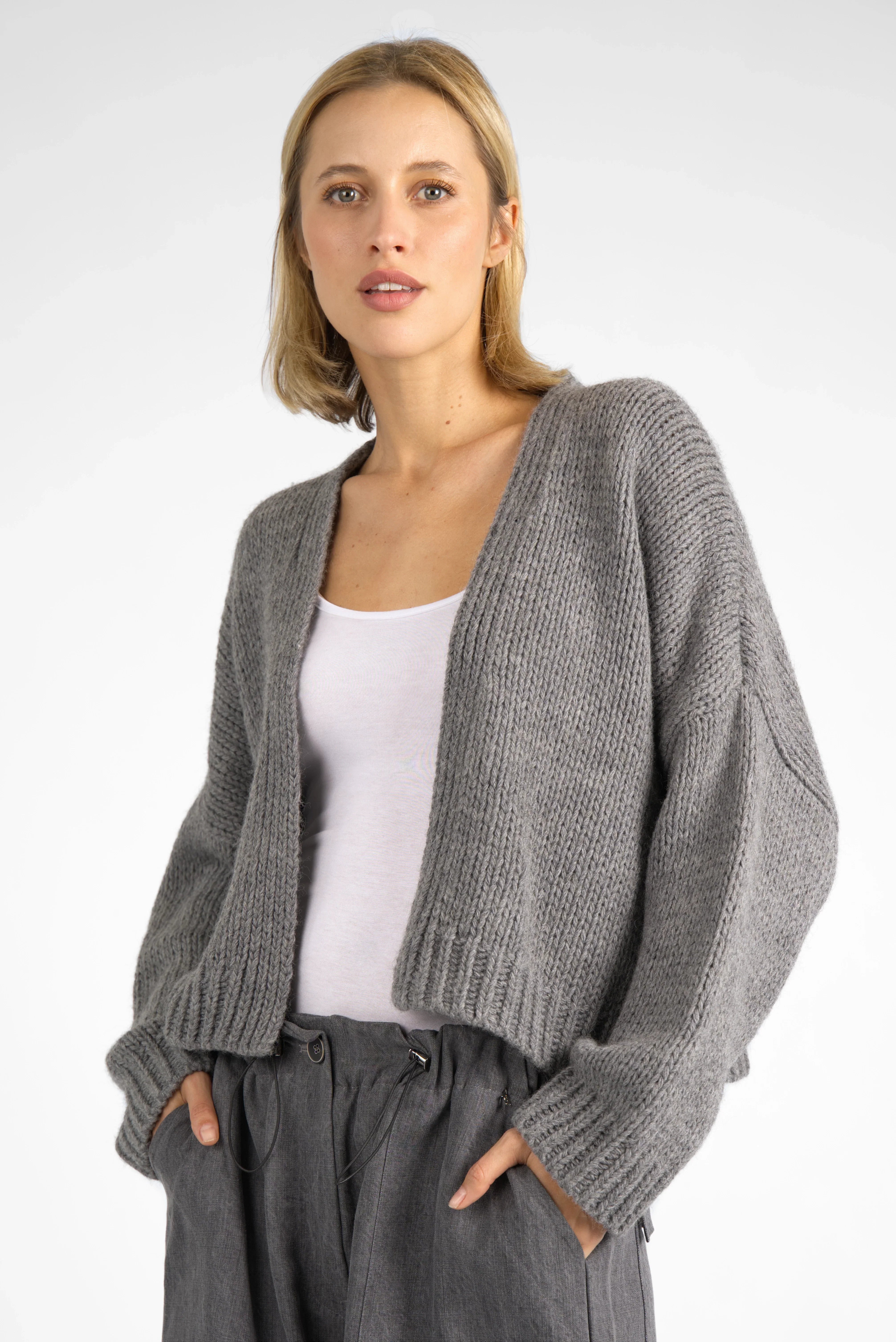 ALIXA Cropped Strickcardigan grey wool blend loose fit with shawl collar and ribbed cuffs worn open