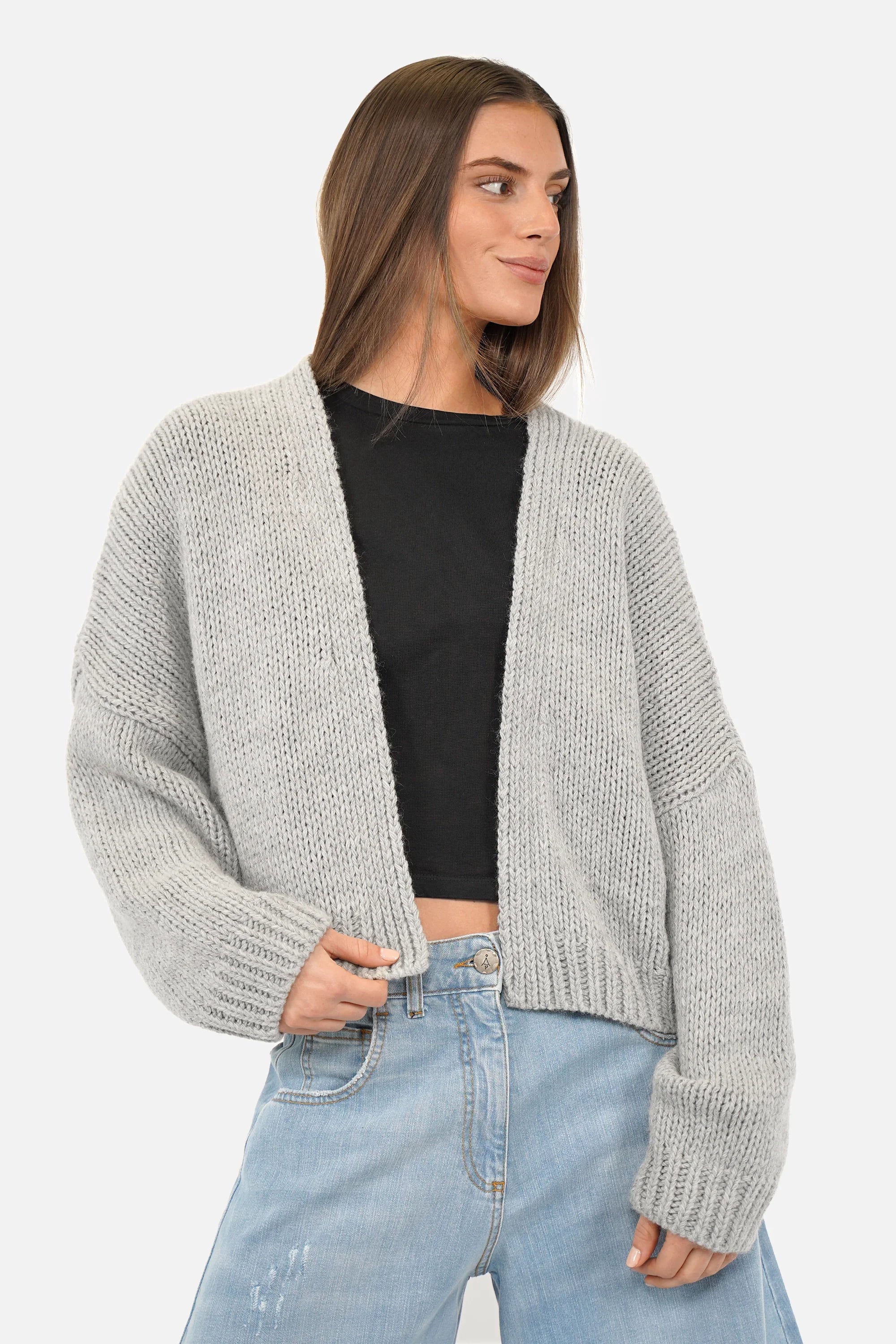 ALIXA Cropped Strickcardigan mit Schalkragen und Loose Fit aus weichem Woll-Mix