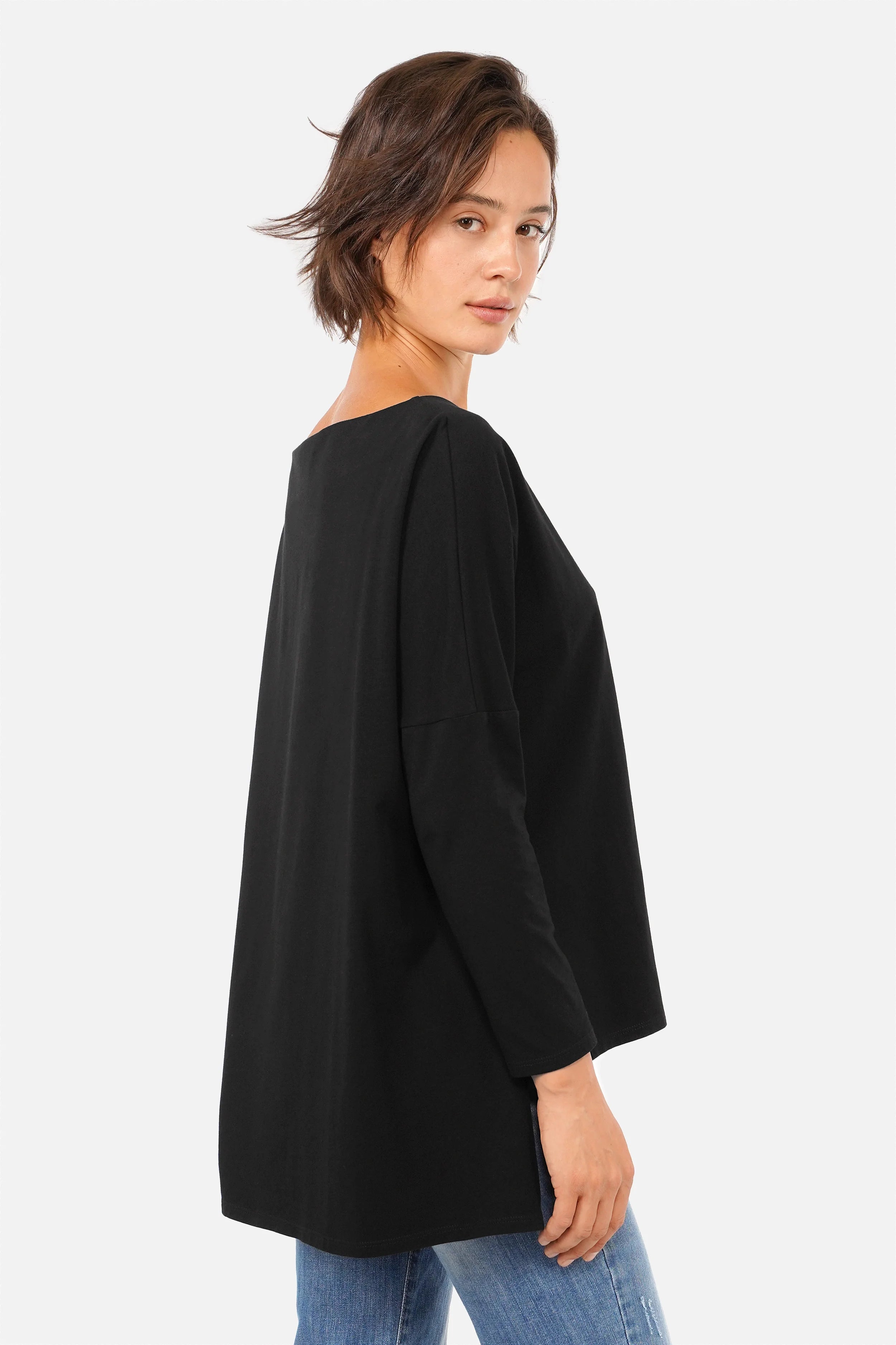 AMALEA Longsleeve mit U-Boot-Ausschnitt, verlängertem Rückensaum und relaxed Fit aus weichem Baumwolljersey