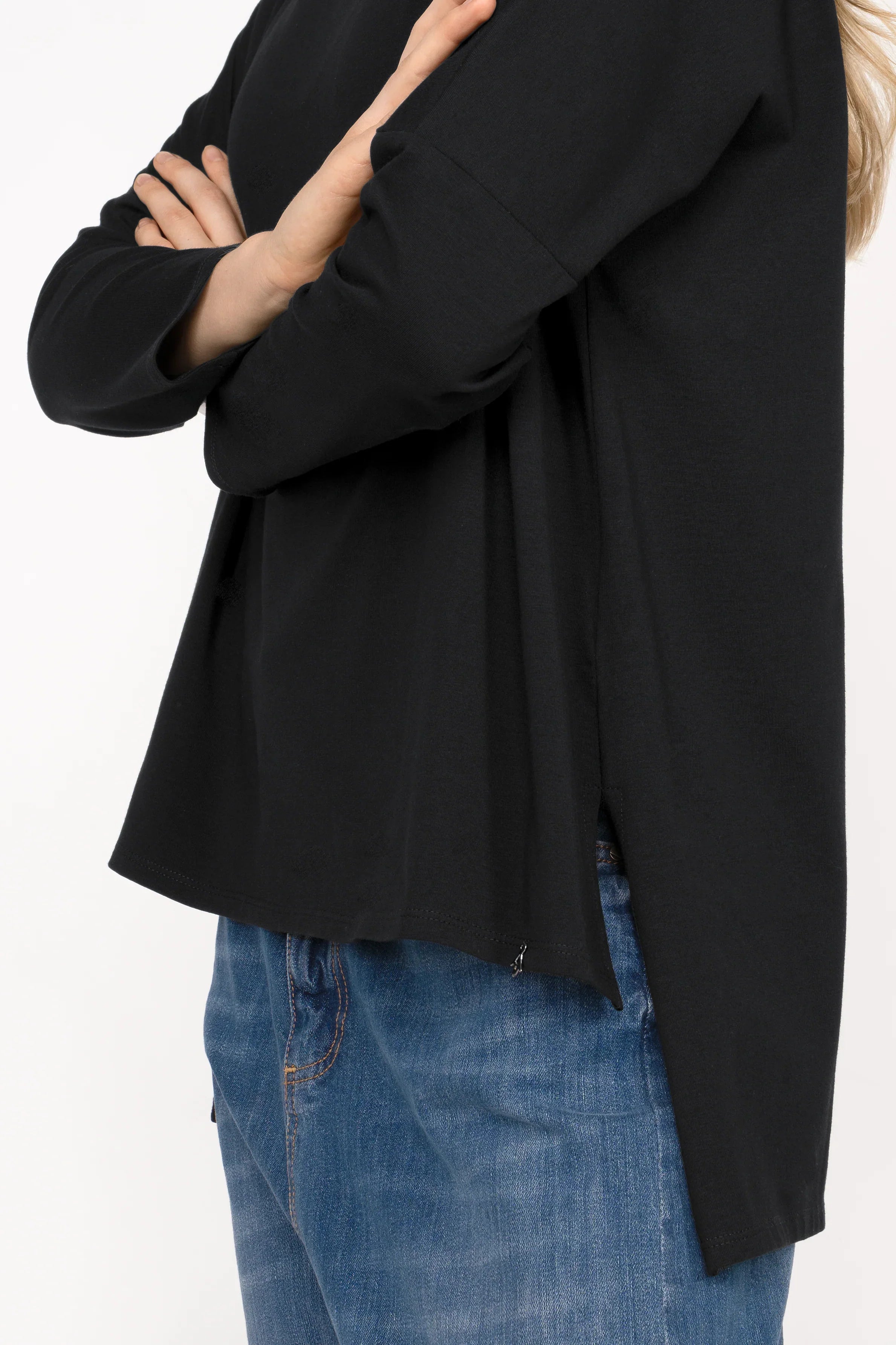 AMALEA Relaxed Fit black longsleeve with boat neckline, dropped shoulders, side slits, and extended back hem in soft cotton jersey