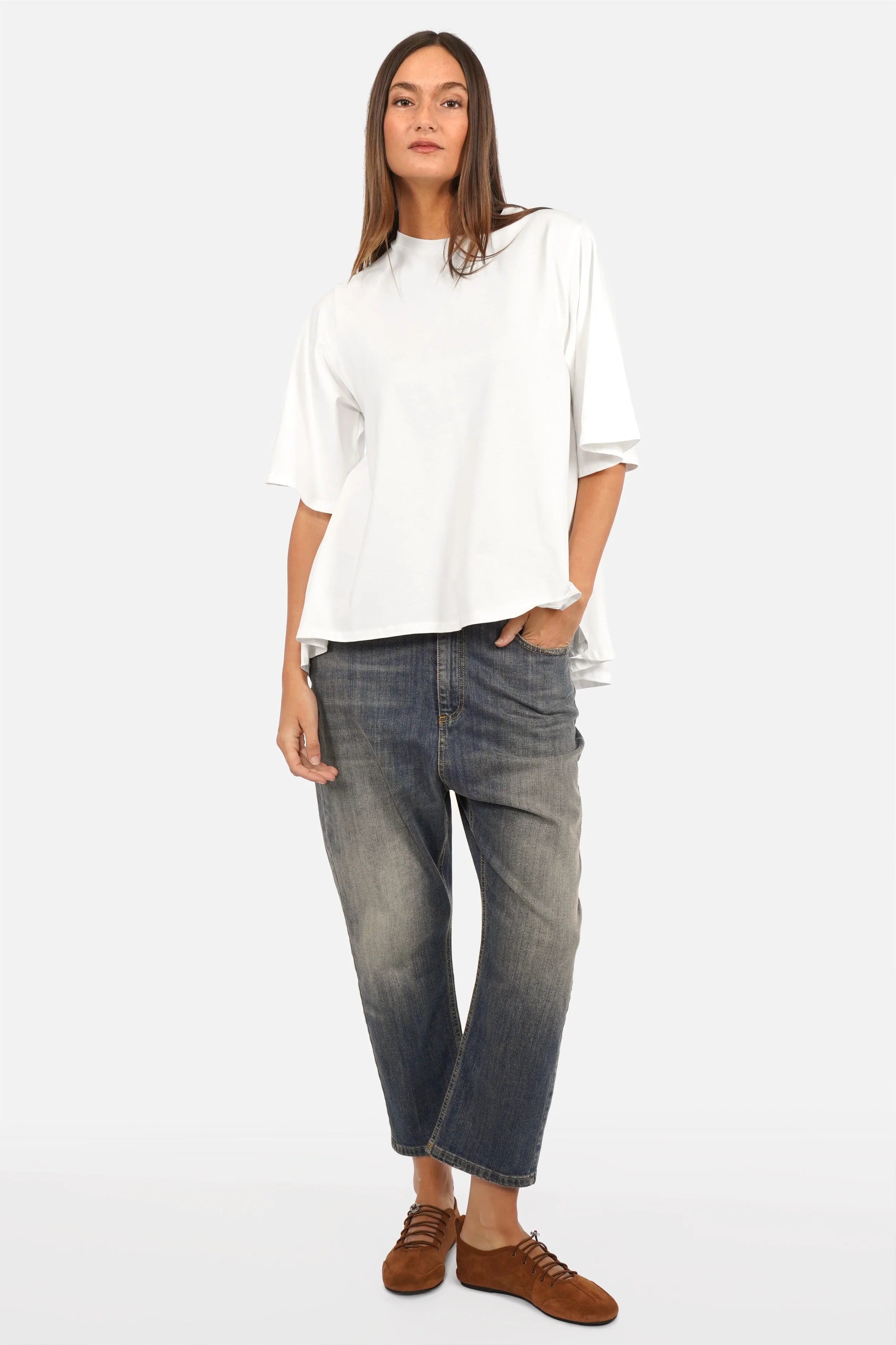 Anele T-Shirt soft cotton jersey round neckline flared sleeves longer back A-line shape regular fit