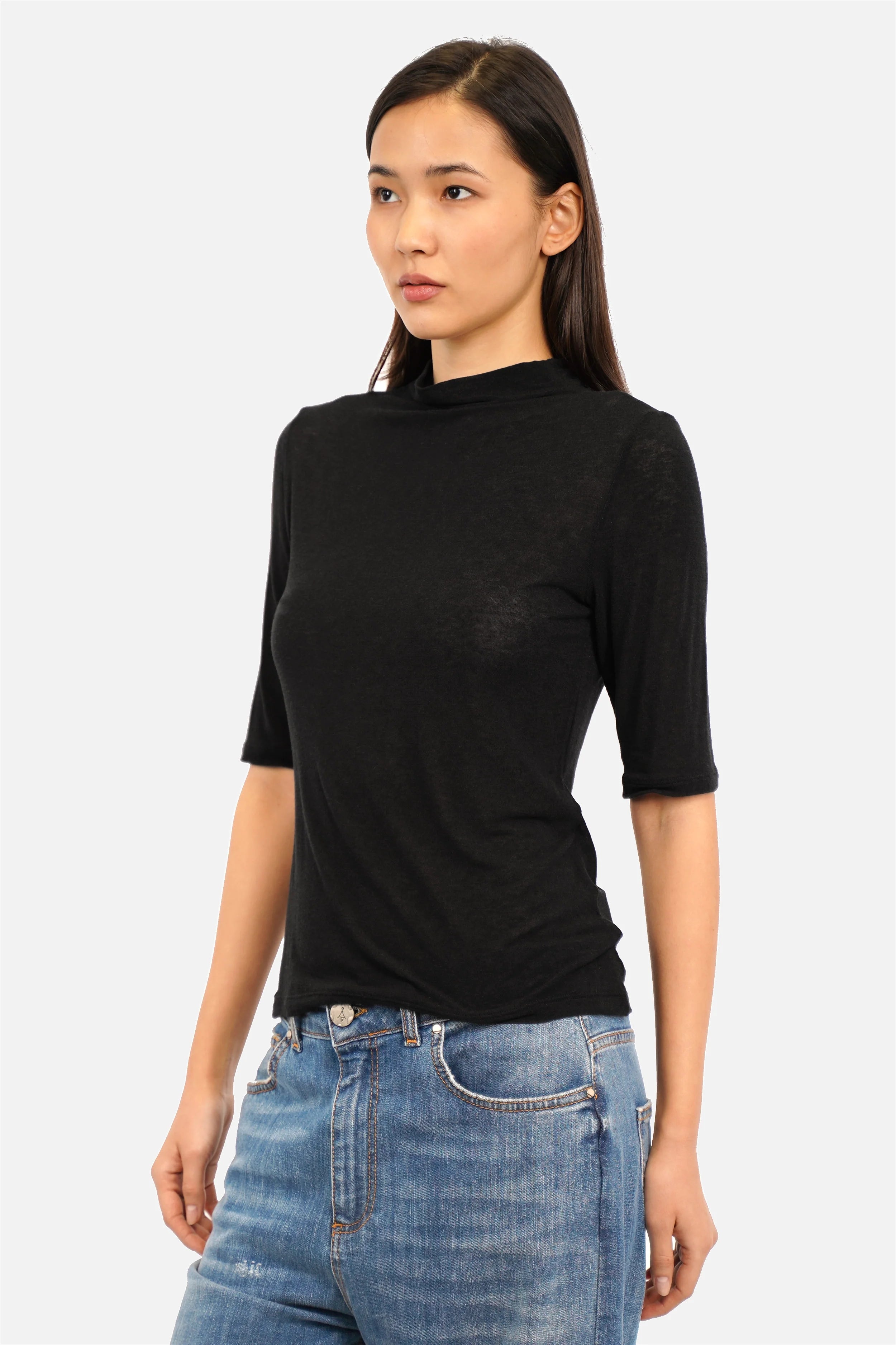 ANJKA T-Shirt aus weichem Viskose-Kaschmir-Mix mit Mockneck und halblangen Ärmeln in schmaler Passform