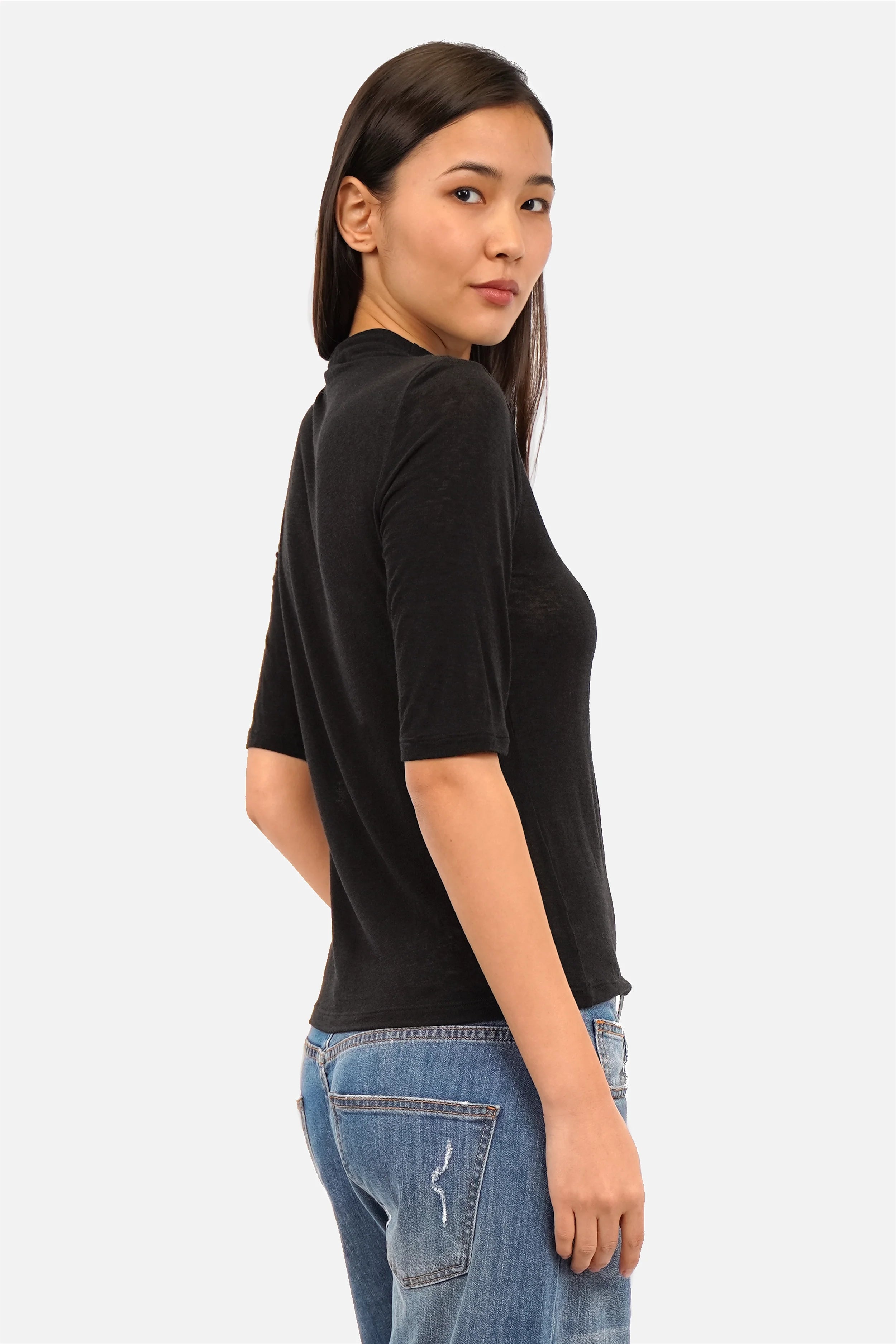 ANJKA T-Shirt aus weichem Viskose-Kaschmir-Mix mit Mockneck, halblangen Ärmeln und schmaler Passform