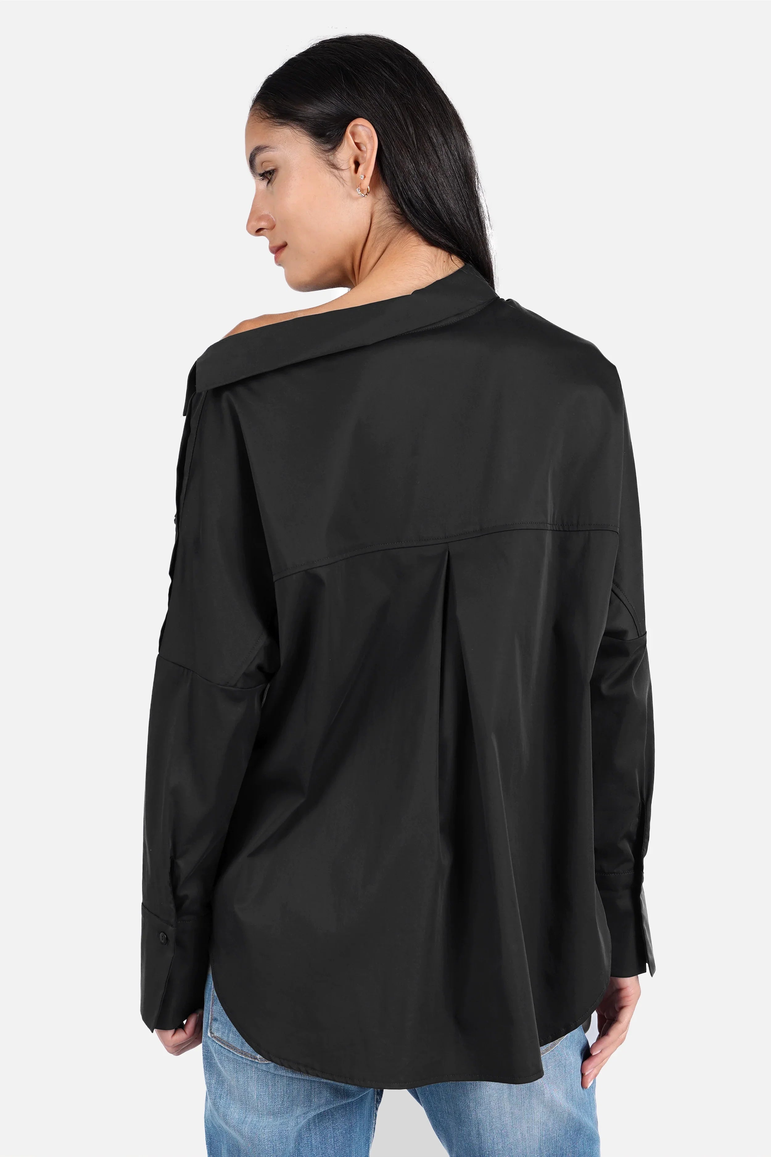 Asymmetrische One Shoulder Bluse aus glattem Baumwollmix mit Knopfleiste und verlängertem Rücken