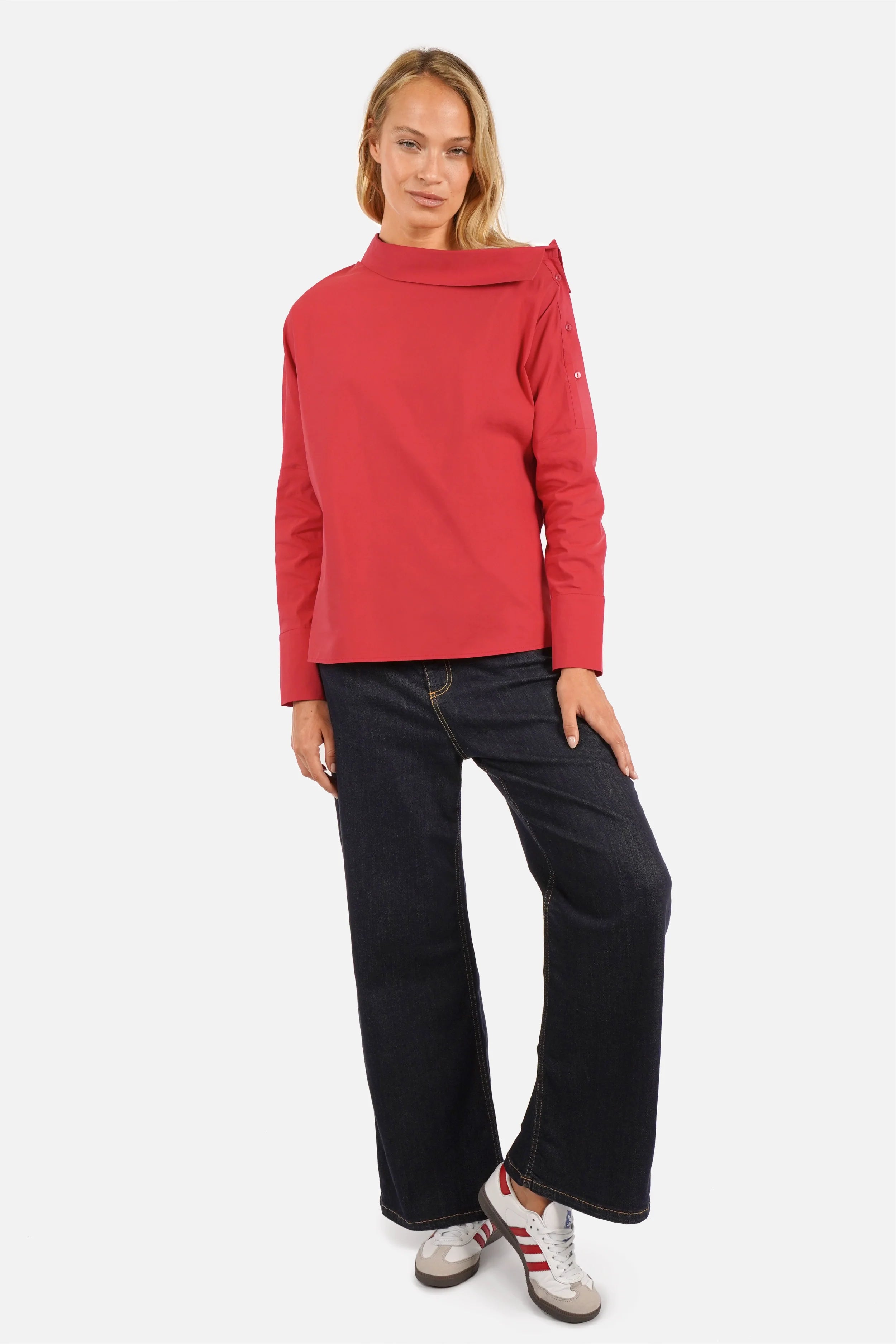 Damen asymmetrische One Shoulder Bluse mit Knopfleiste und langem Rücken aus Stretch-Baumwollmix