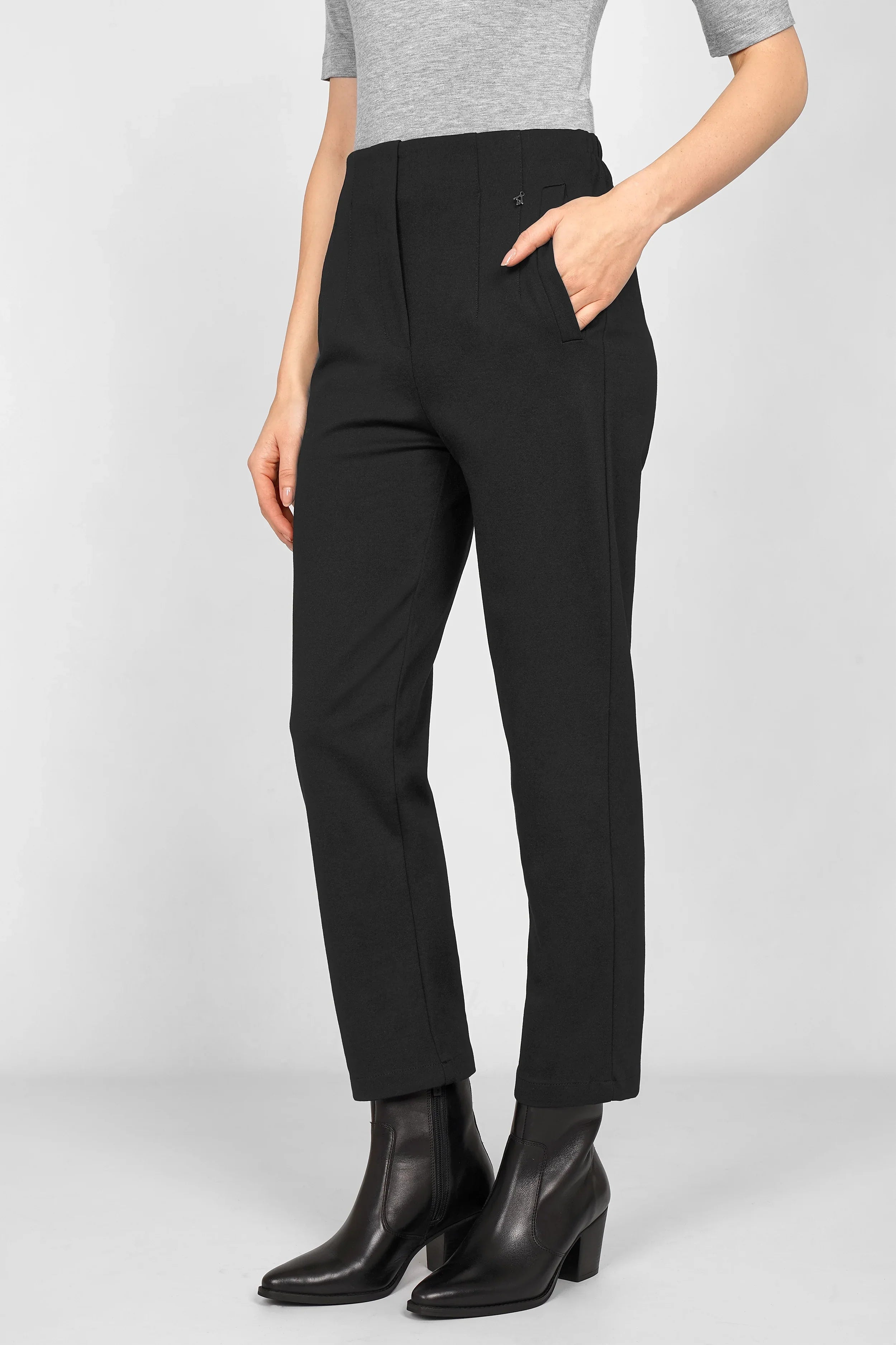 Black CEELIA Ankle Pants with slim fit, cropped length, elastic back waistband, and side pockets for a modern office look
