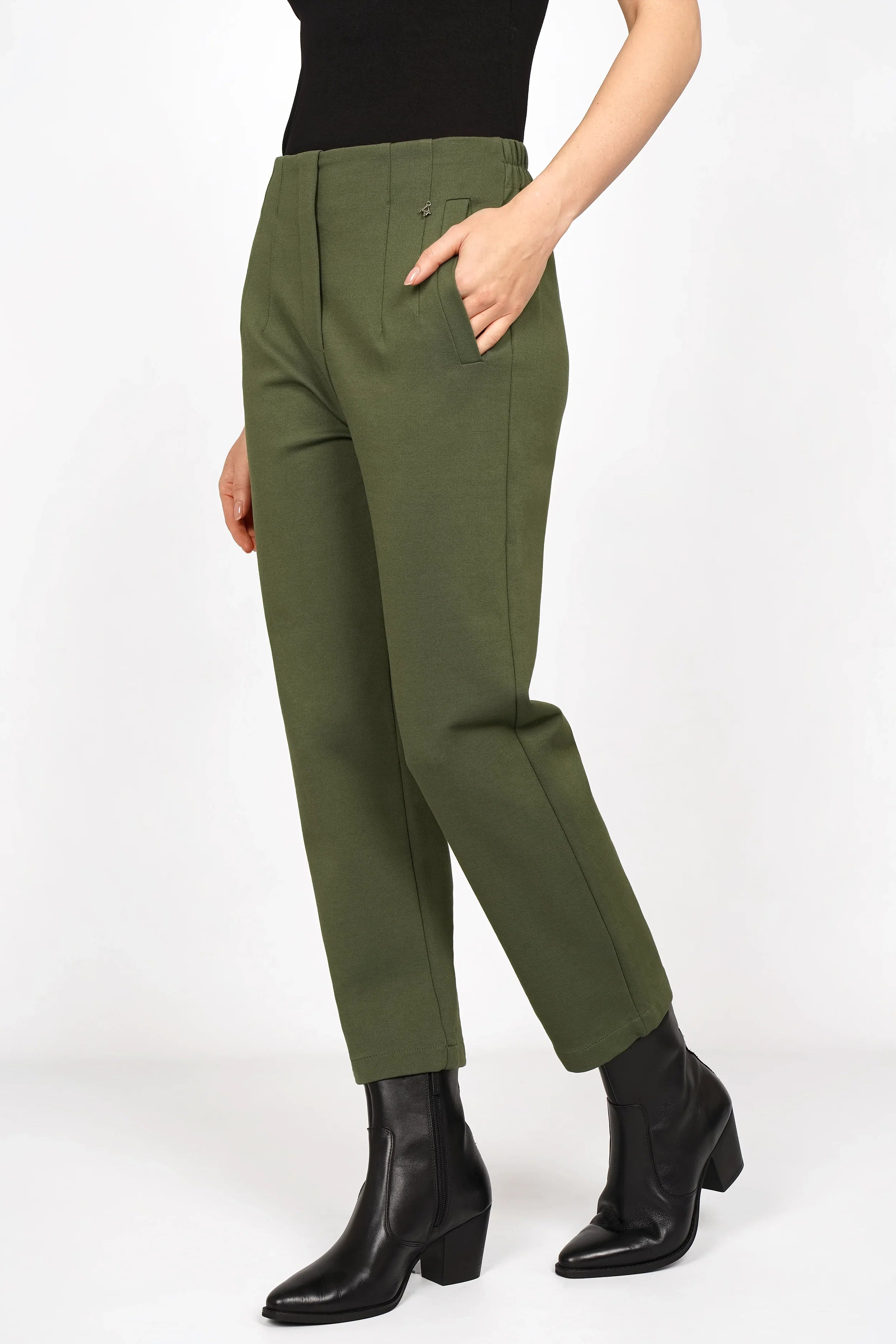 CEELIA Ankle Pants in olive green with slim fit, cropped length, elastic back waistband, and side pockets.