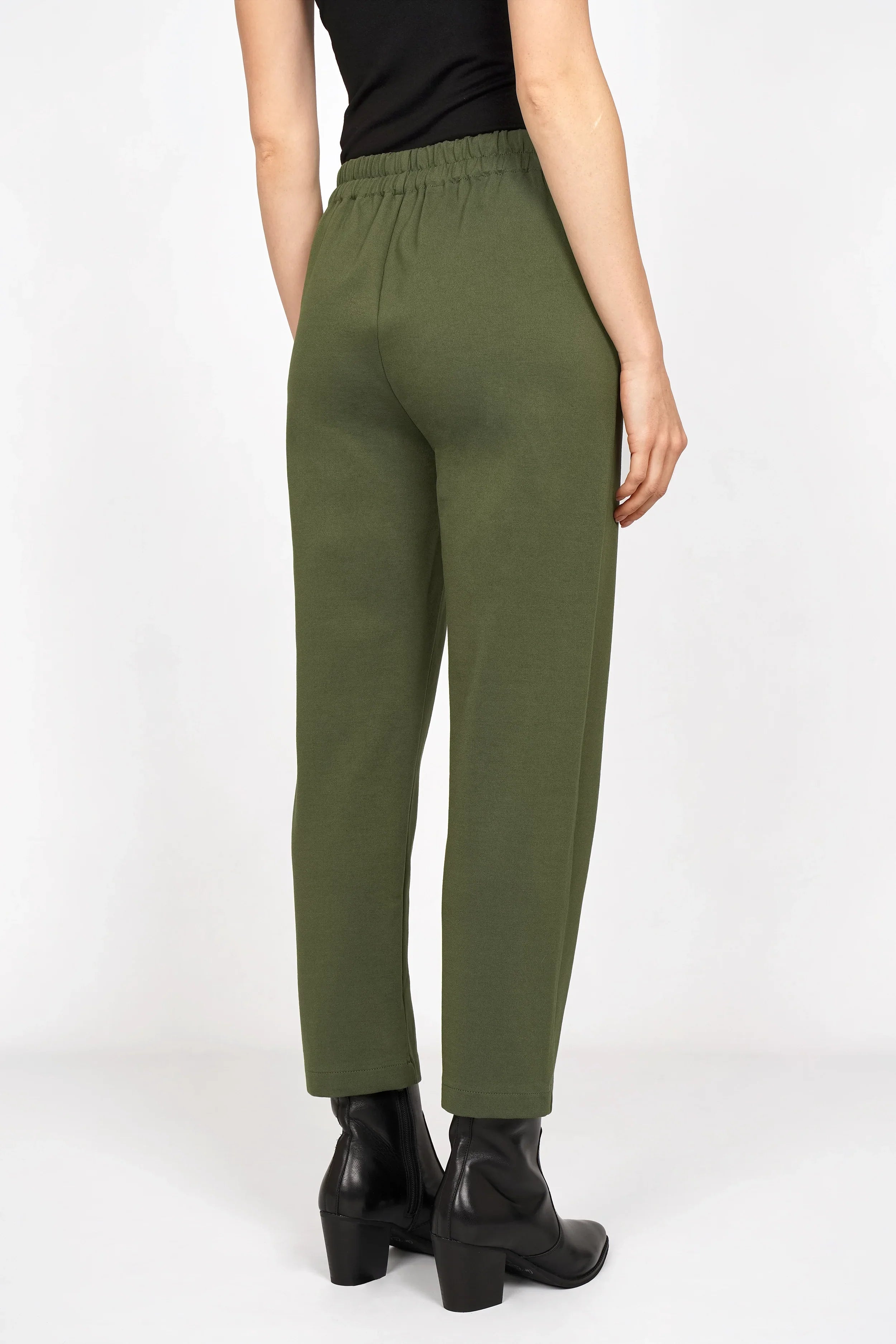 Back view of olive green CEELIA Ankle Pants with elastic waistband and cropped slim fit.
