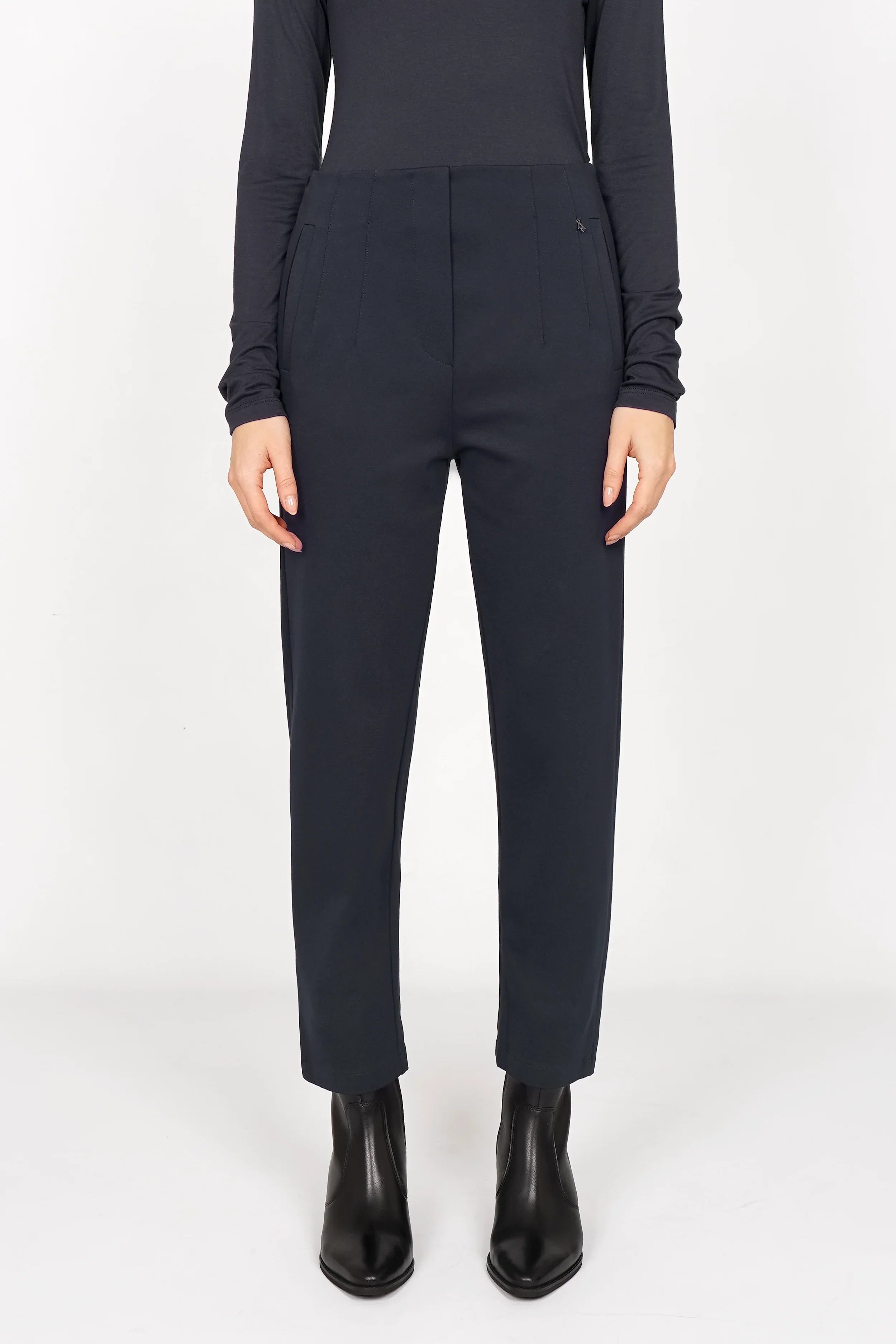 CEELIA black slim-fit ankle pants with high waist and elastic back waistband for women