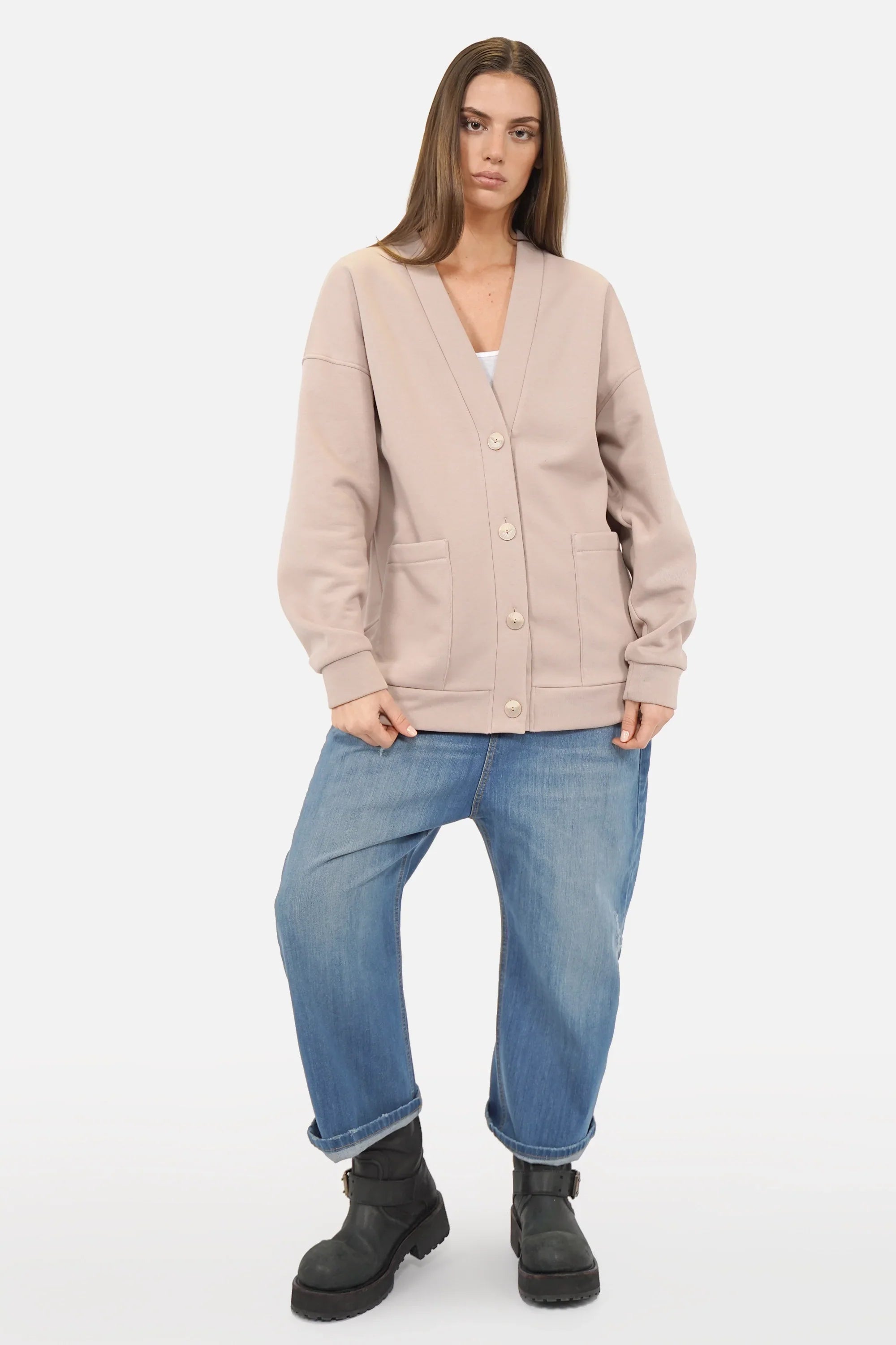 Relaxed Fit Sweatjacke mit gebürsteter Innenseite und durchgeknöpfter Knopfleiste