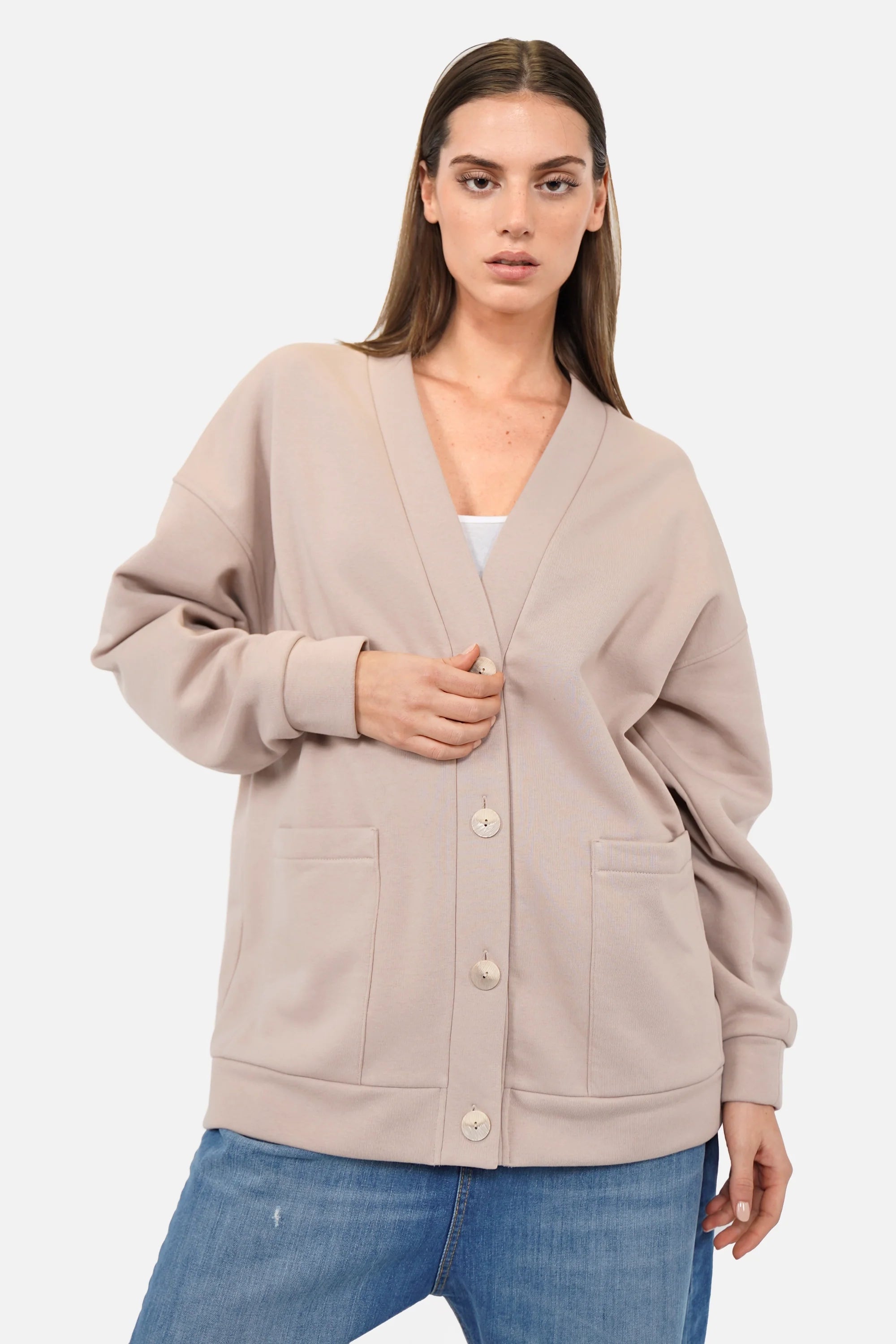 Relaxed Fit Sweatjacke mit überschnittenen Schultern und Knopfleiste aus softem, gebürstetem Sweatstoff