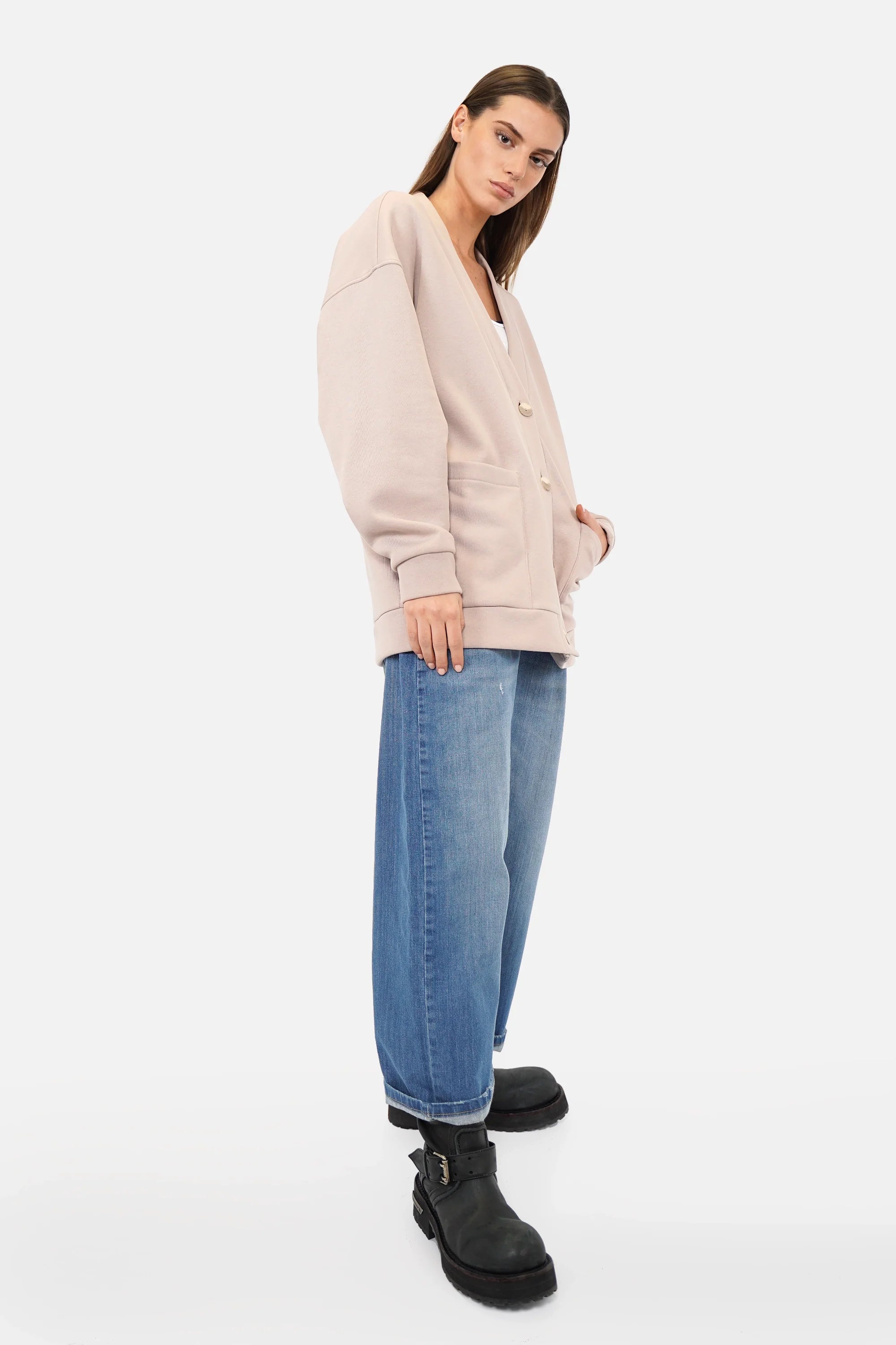 Relaxed Fit Sweatjacke mit überschnittenen Schultern, Knopfleiste, aufgesetzten Taschen und gebürsteter Innenseite