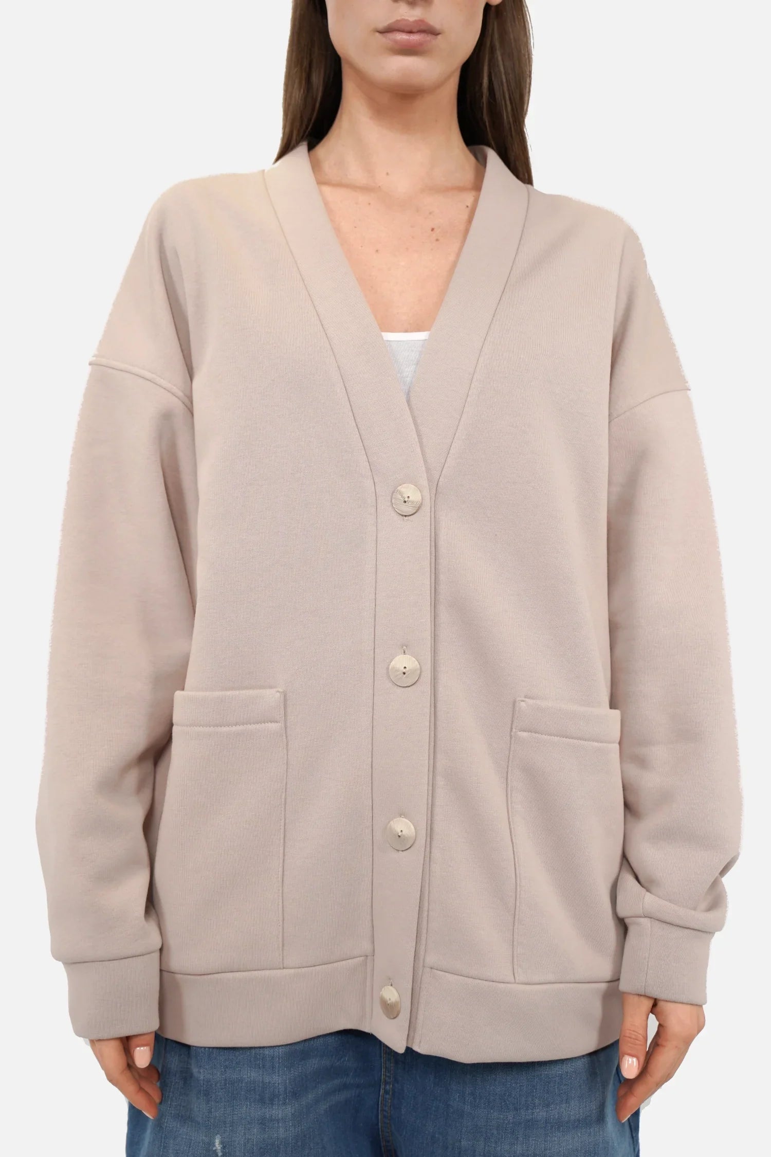 Relaxed Fit Sweatjacke mit gebürsteter Innenseite und Knopfleiste, offen oder geschlossen tragbar