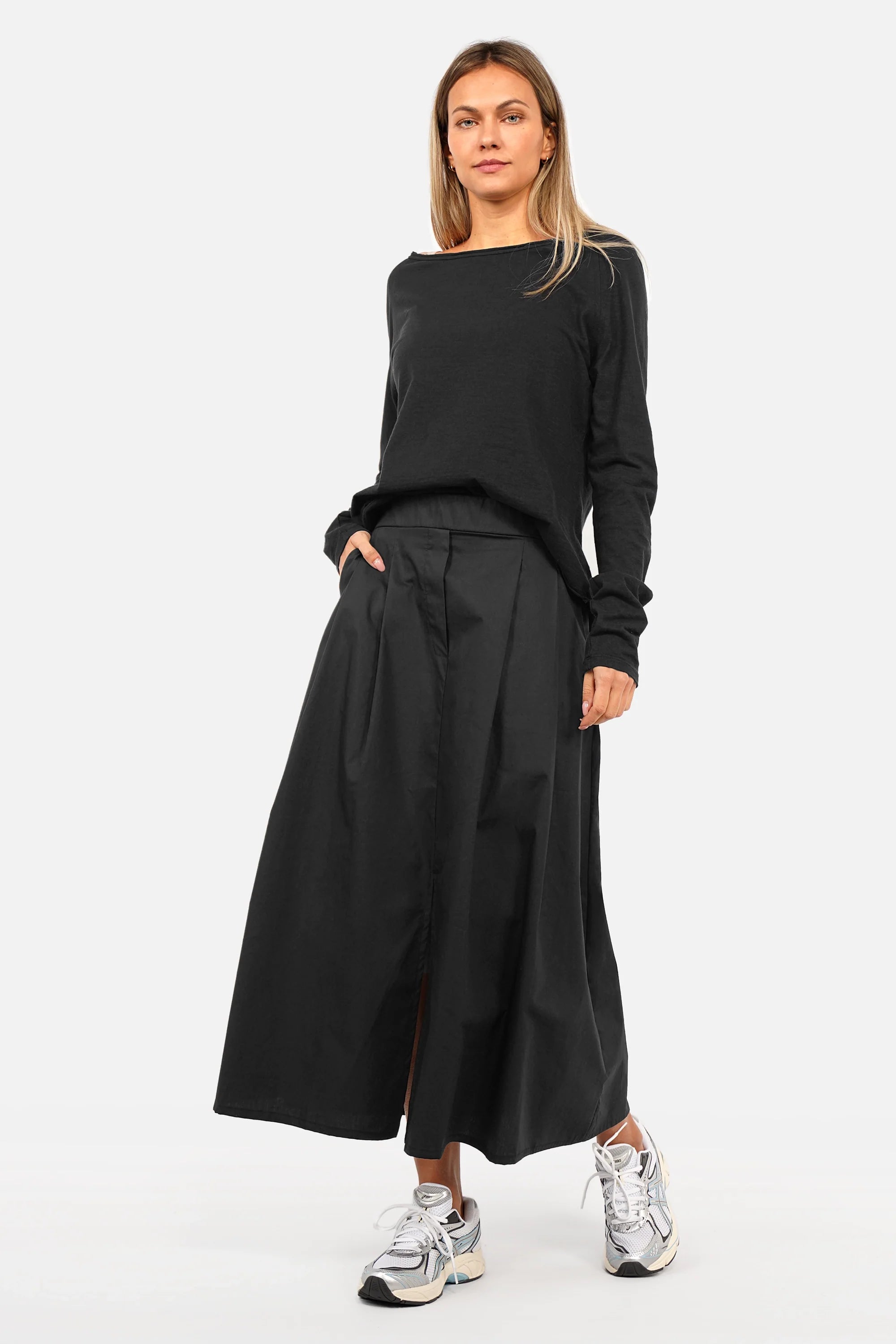 Leichter CHIKY Popeline Rock mit elastischem Bund und seitlichen Taschen in A-Linie, Midi-Länge