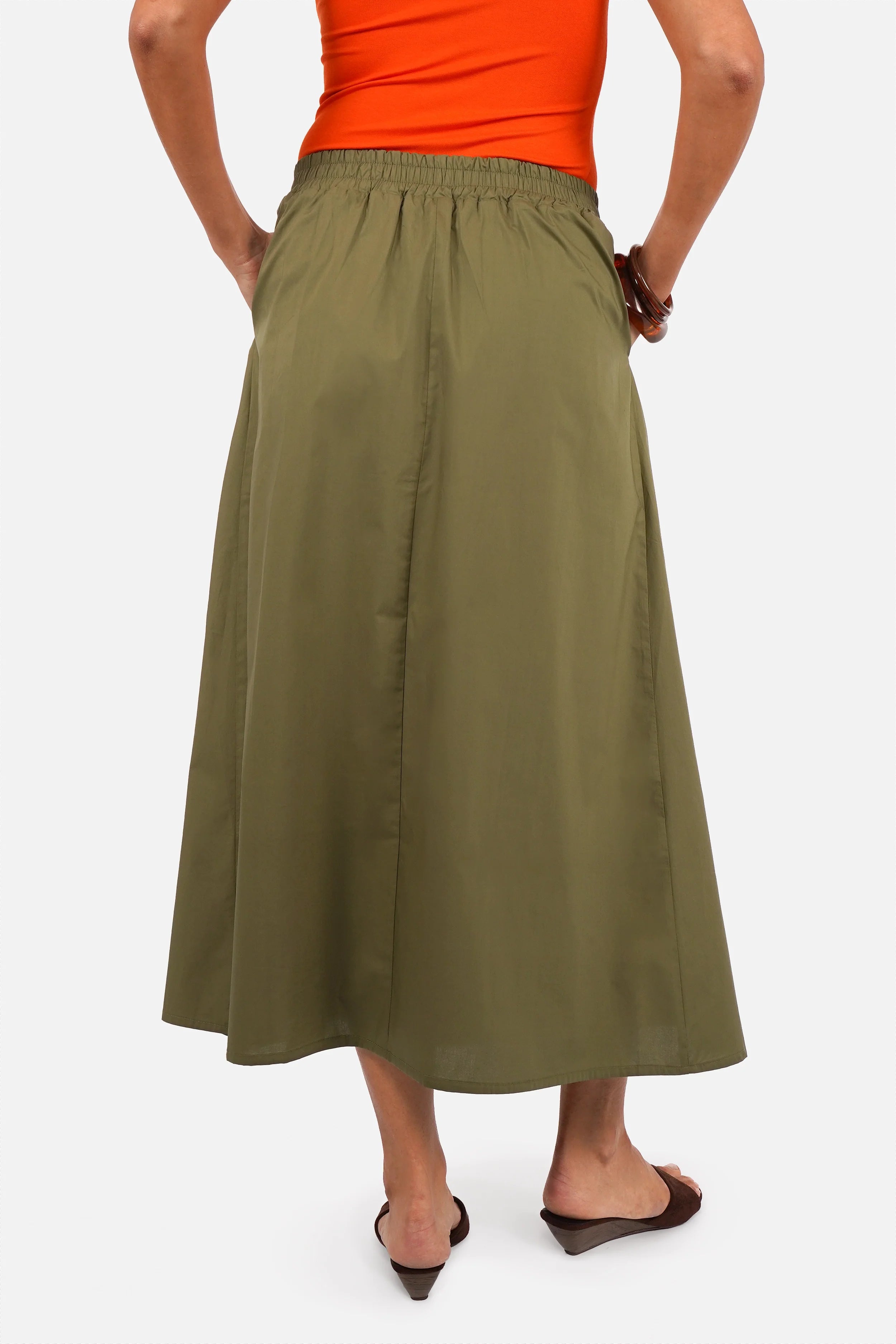 Damen CHIKY Popeline Rock in A-Linie mit elastischem Bund und seitlichen Taschen, midi Länge