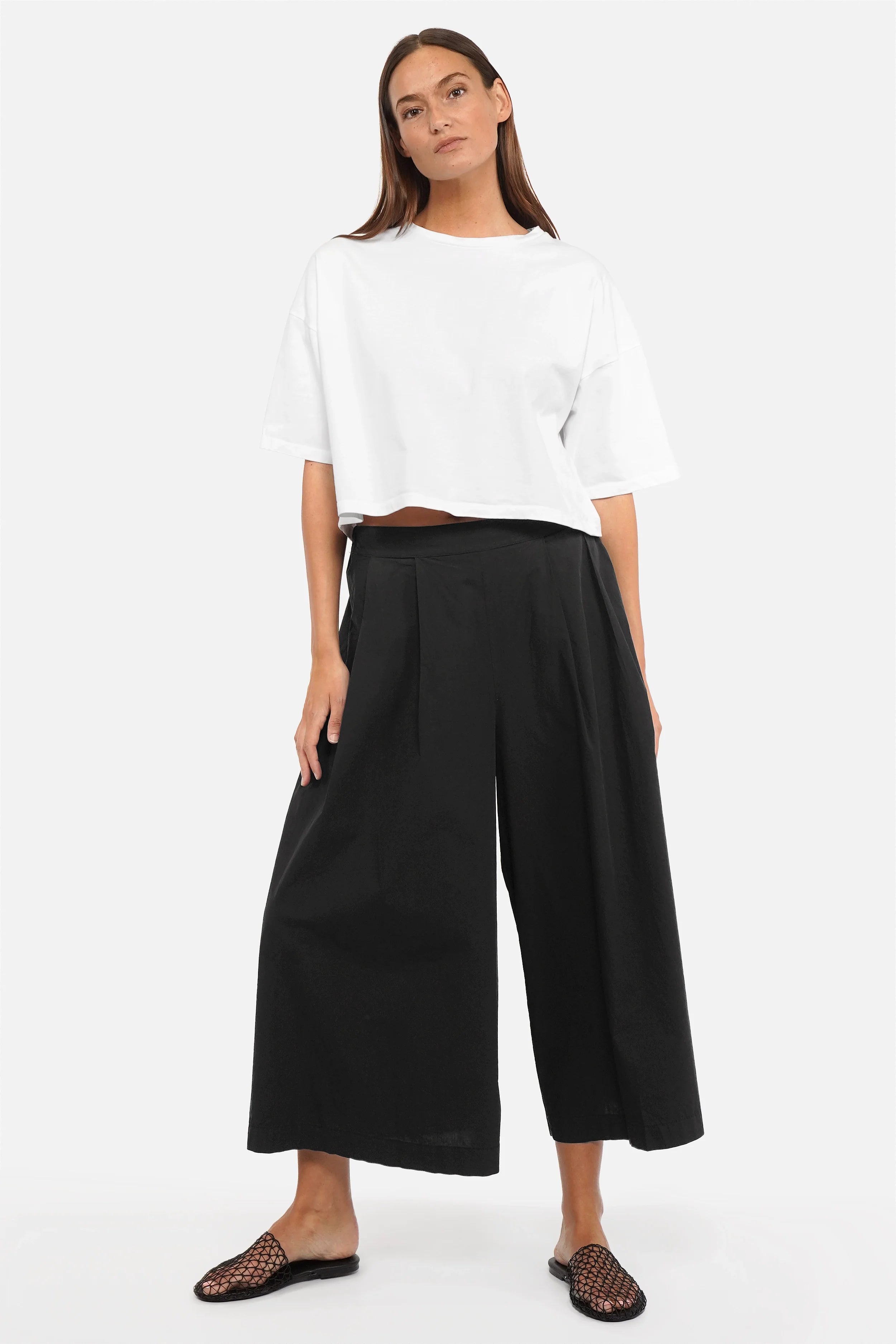 DAEUN Hosenrock weiche Popeline weit ausgestelltes Bein elastischer Bund cropped Länge wide-leg relaxed fit