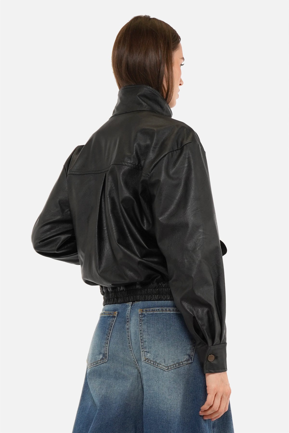 DERA Utility Blouson in Lederoptik mit Stehkragen, Druckknopfleiste und Pattentaschen