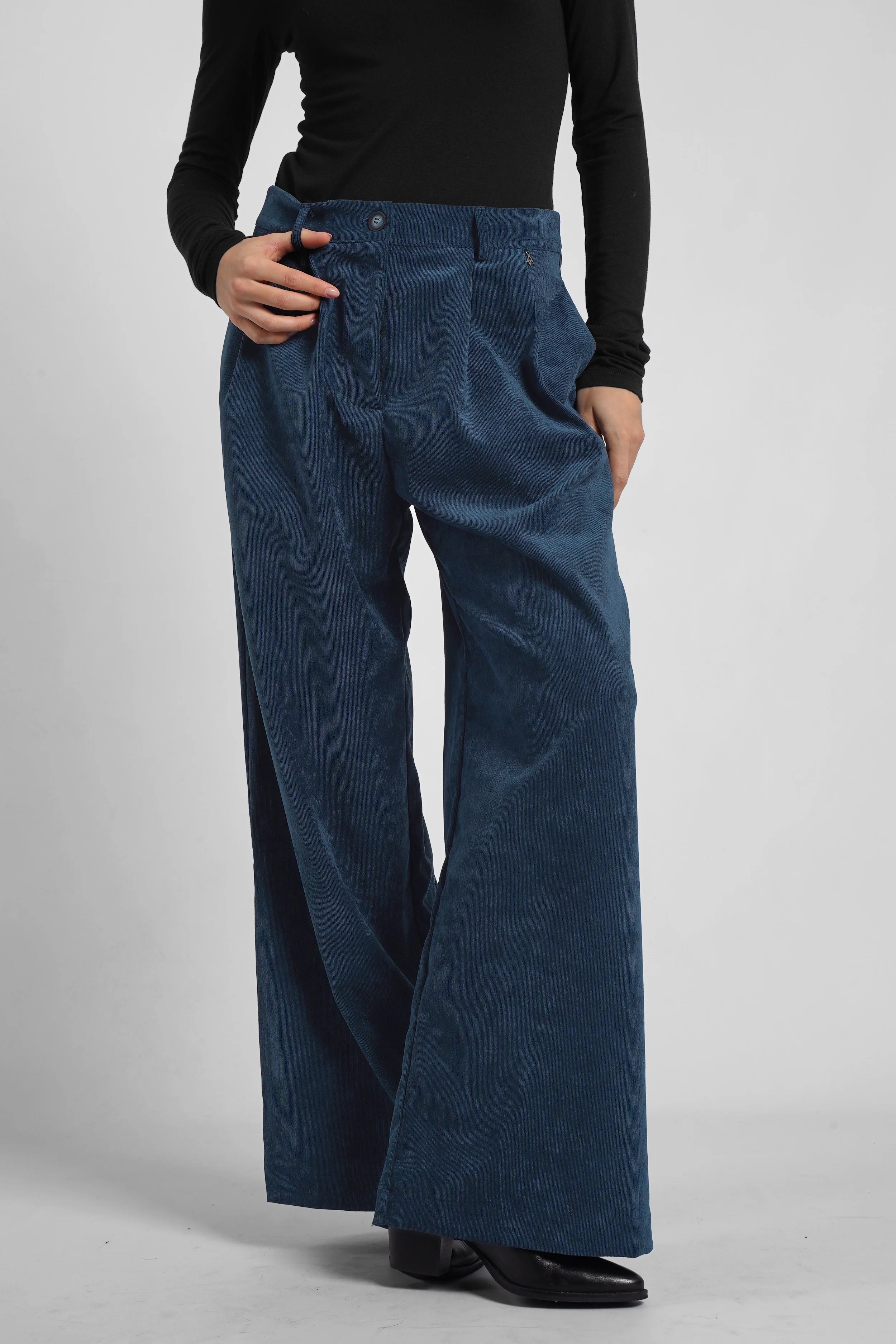 ELEE Wide Leg Cordhose High Waist dunkelblaue weite Cordhose mit Bundfalten und Eingriffstaschen