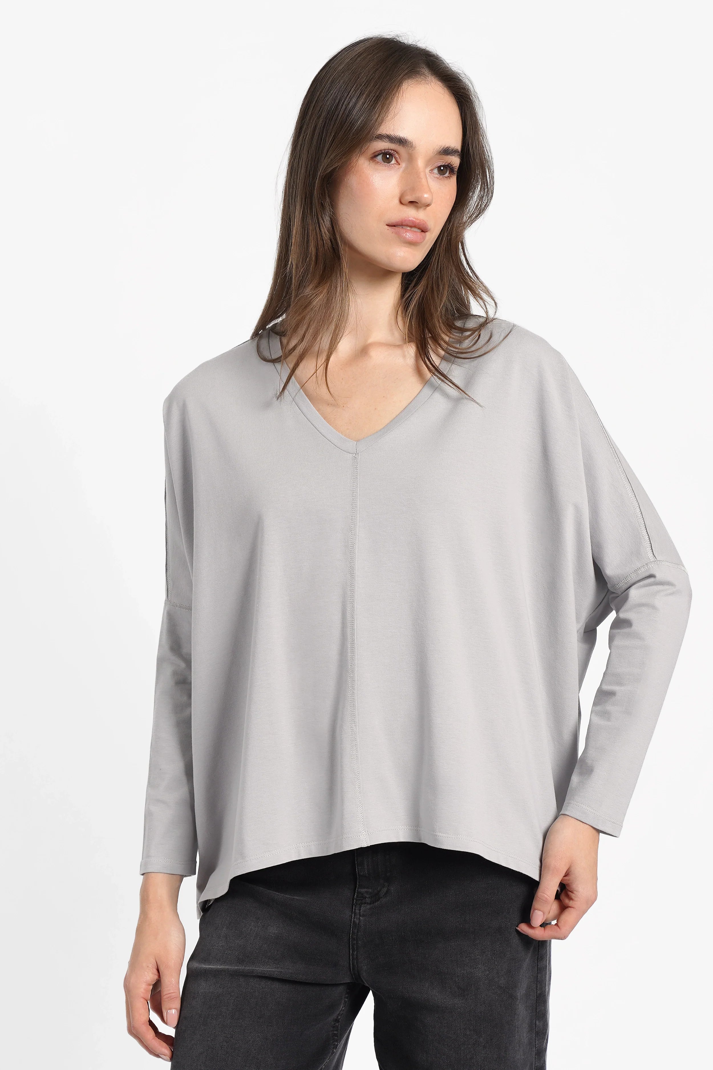 Damen Blusenshirt Langarm mit V-Ausschnitt, lockerer Kastenform und abgerundetem Saum in Grau