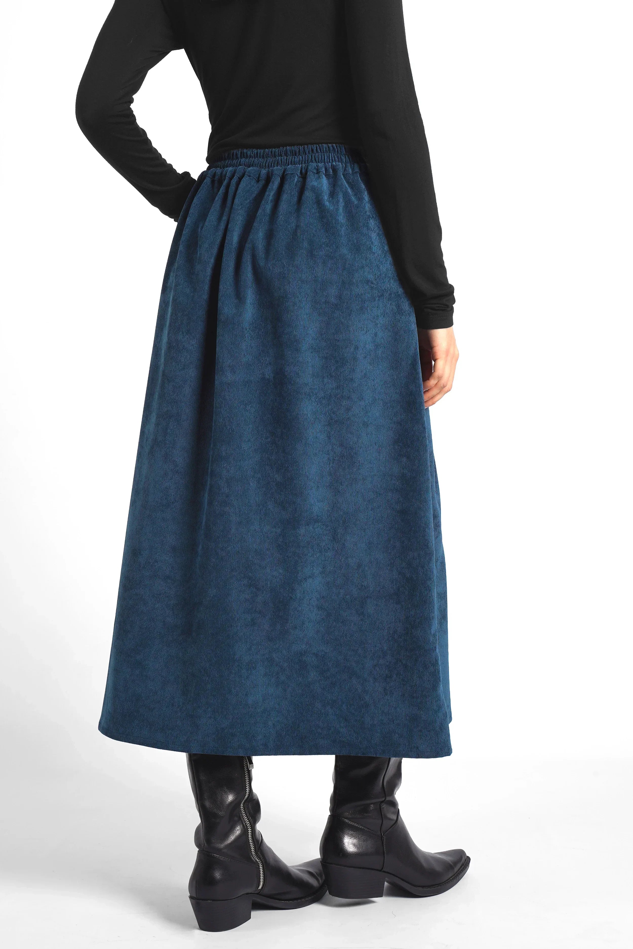 Damen Cord-Midirock in A-Linie mit Gummibund und seitlichen Eingrifftaschen, blau