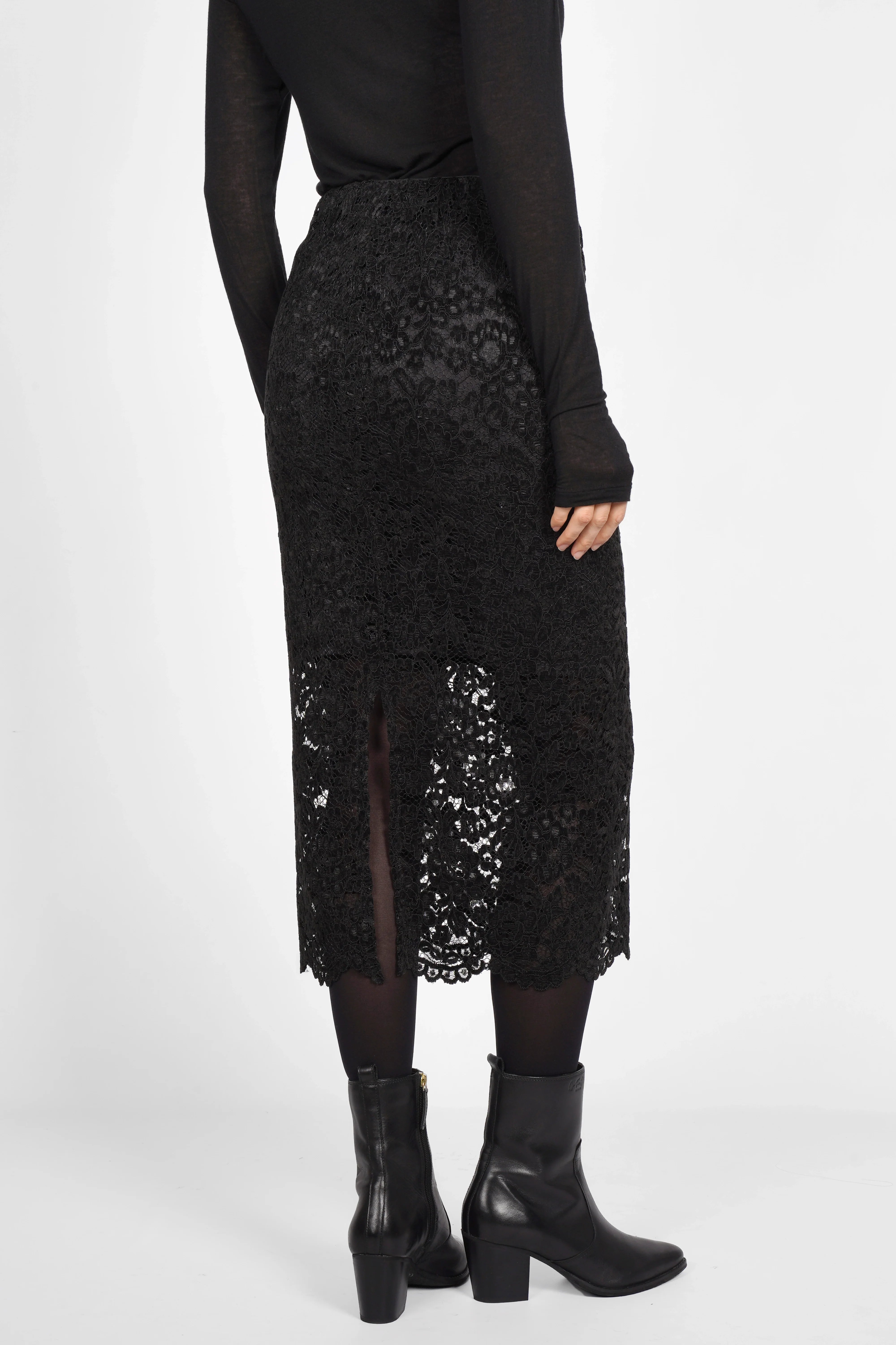 LAACE Pencil Rock schwarzer Spitzenrock mit elastischem Bund und Schlitz hinten, midi Länge