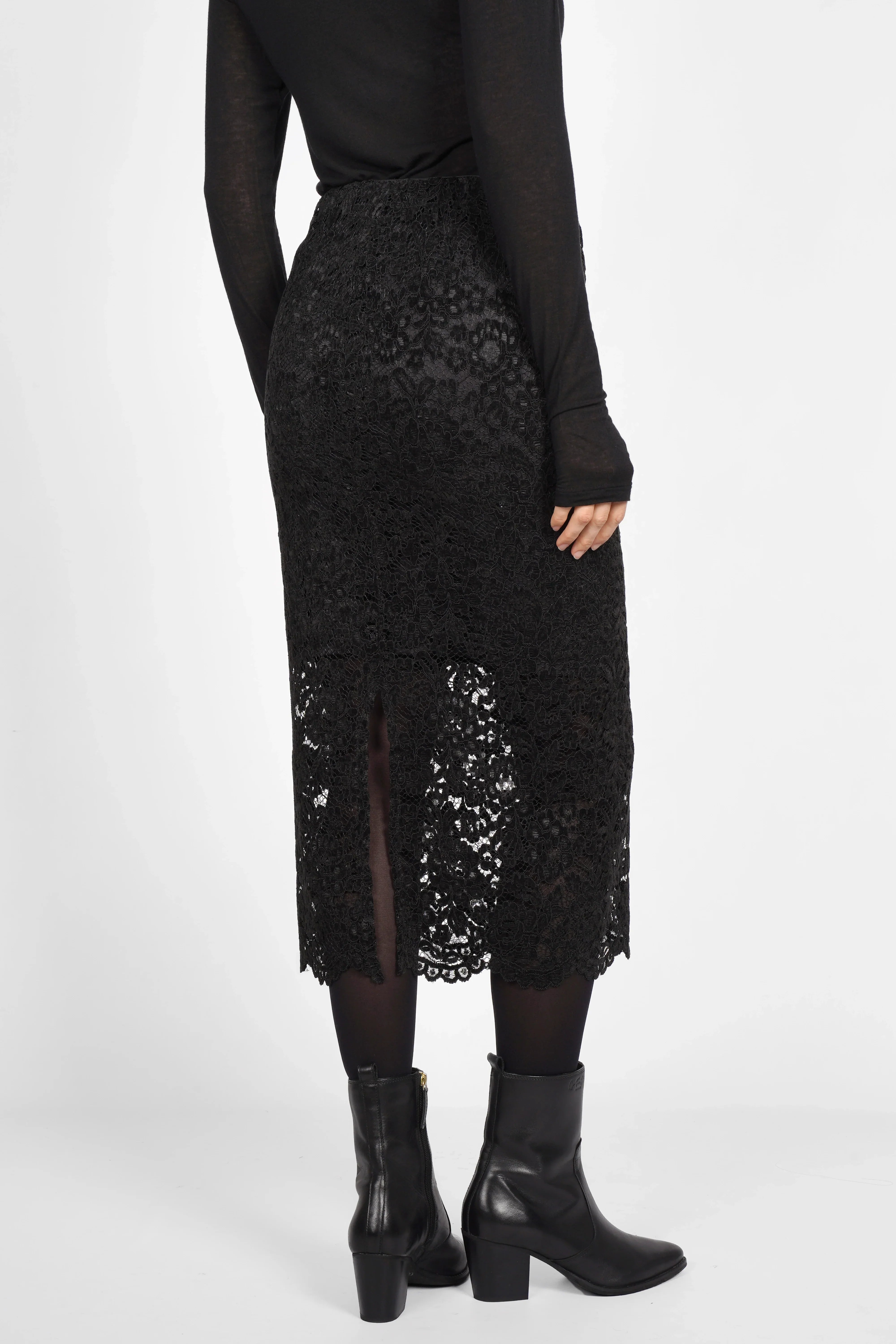 Damen LAACE Pencil Rock aus schwarzer Spitze mit elastischem Bund, transparentem Saum und Rückenschlitz, midi-länge.