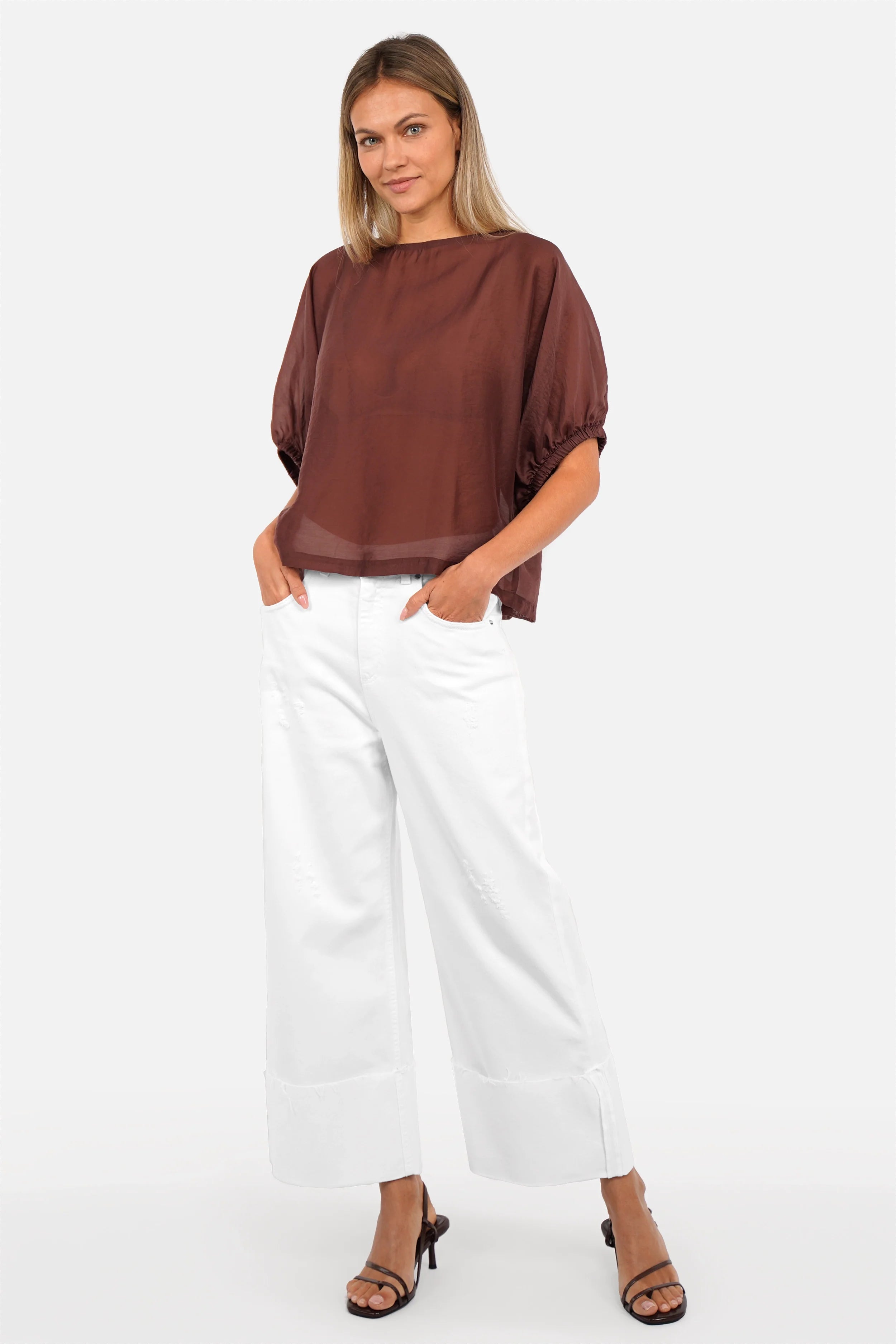 LIAME Wide Leg Jeans mid waist blue coloured denim relaxed fit with raw-cut cuff and destroyed look