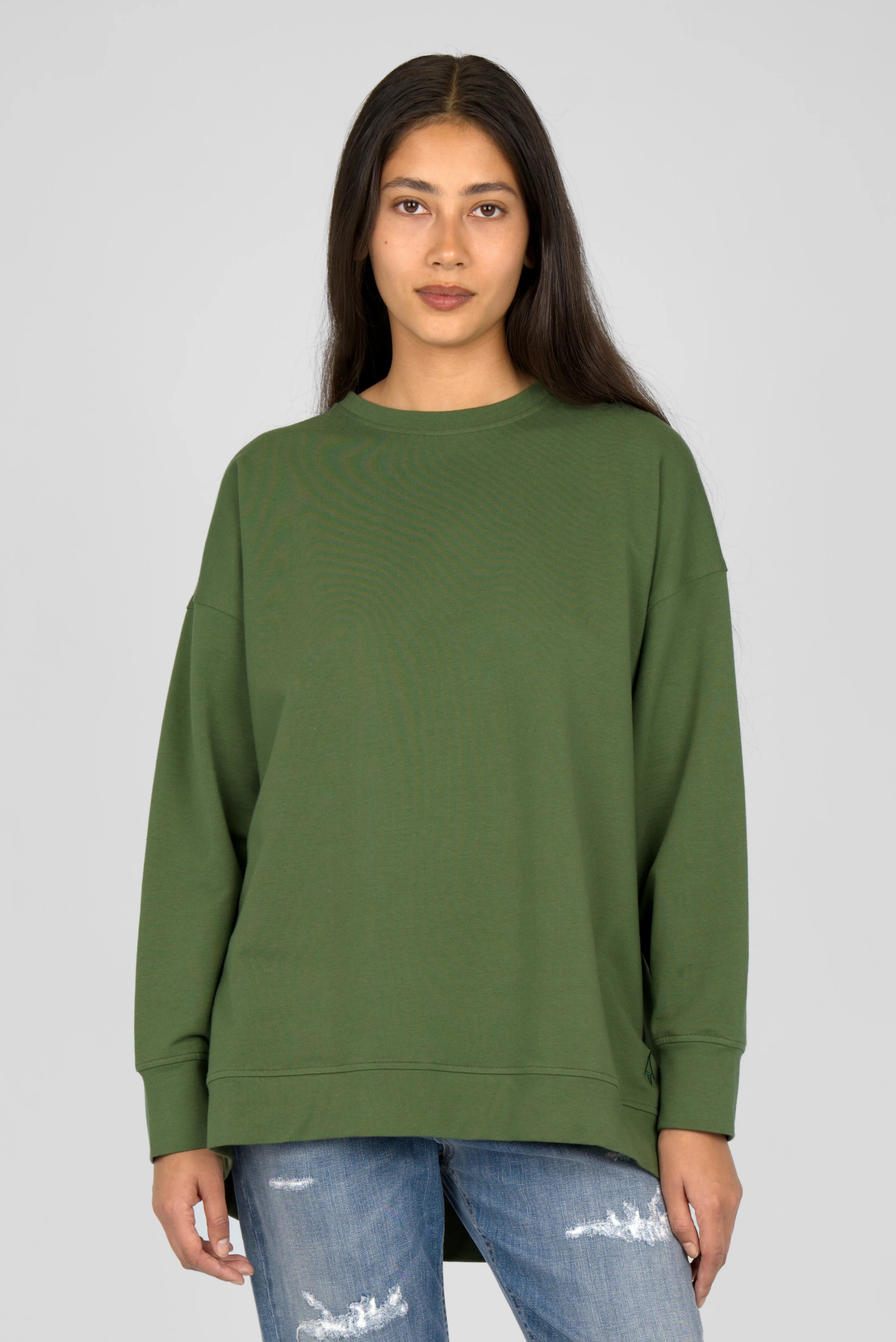 Green EIREL oversize sweater with round neckline, dropped shoulders, ribbed cuffs, tonal logo embroidery, and relaxed A-line silhouette.
