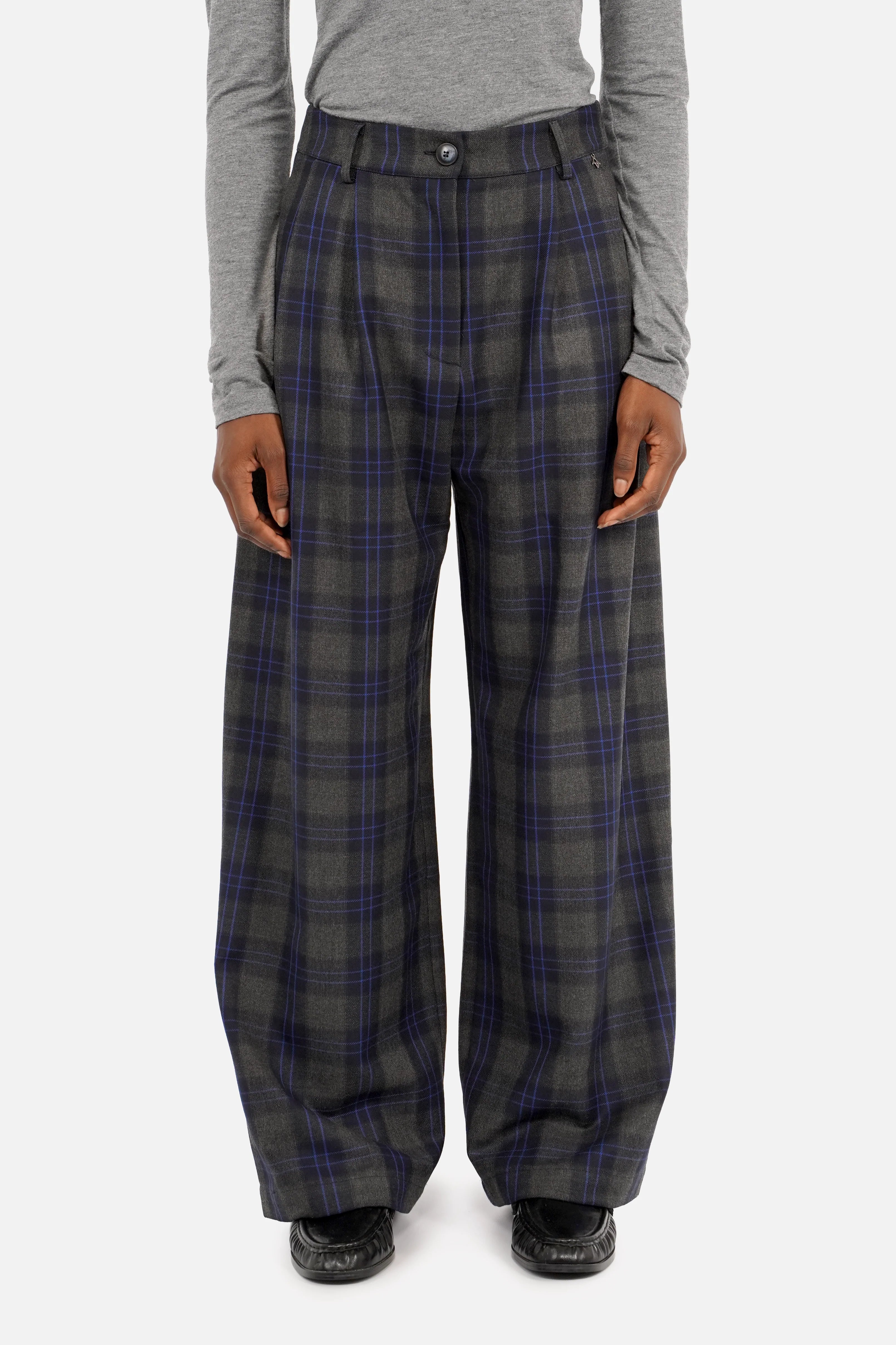 ELEE Wide Leg Hose mit blau kariertem Muster und hohem Bund