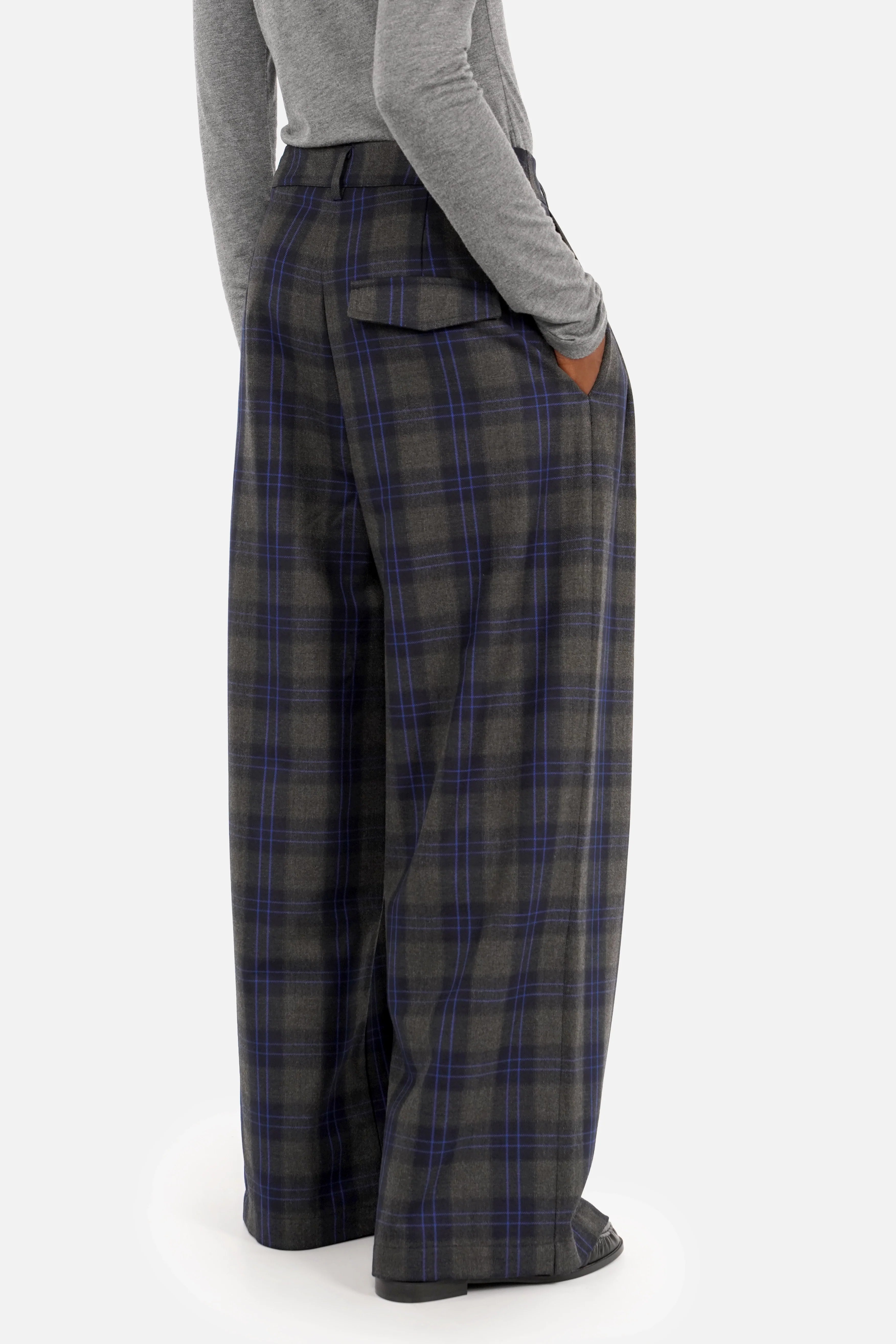 ELEE Wide Leg Hose mit blauem Karomuster, hohem Bund und Taschen, weites Bein