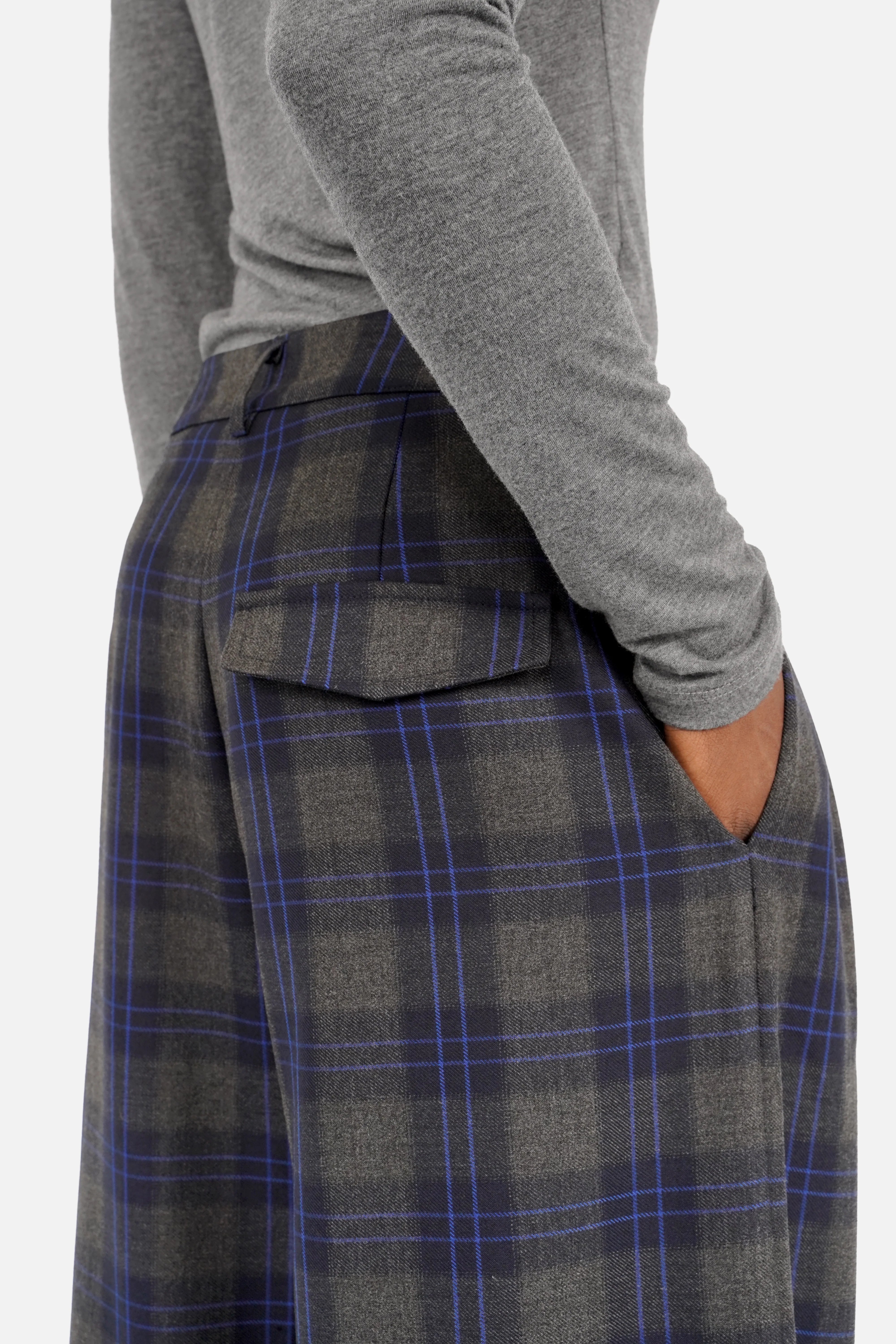 ELEE Wide Leg Hose mit blauem Karomuster und hohem Bund aus weichem, leichtem Stretchstoff