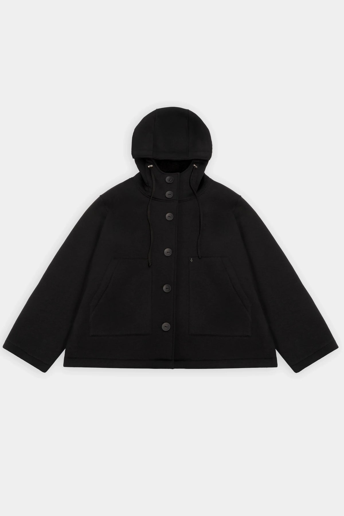 ELFA hooded sweat jacket; black, button placket, kangaroo pockets, relaxed fit, soft jersey, brushed inside