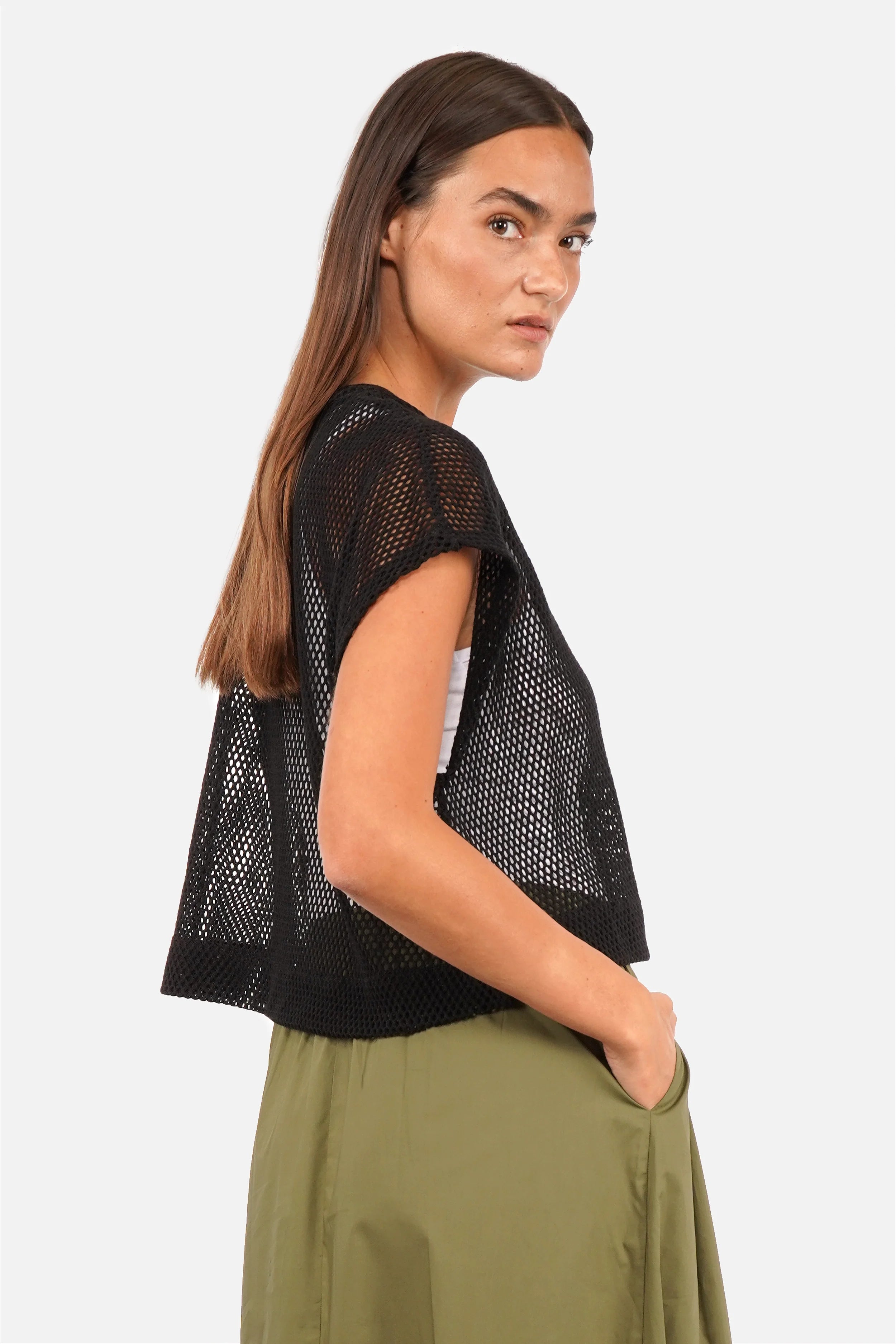ELIX Cropped Oberteil aus weitmaschigem Häkelstoff mit Rundhalsausschnitt und loose fit