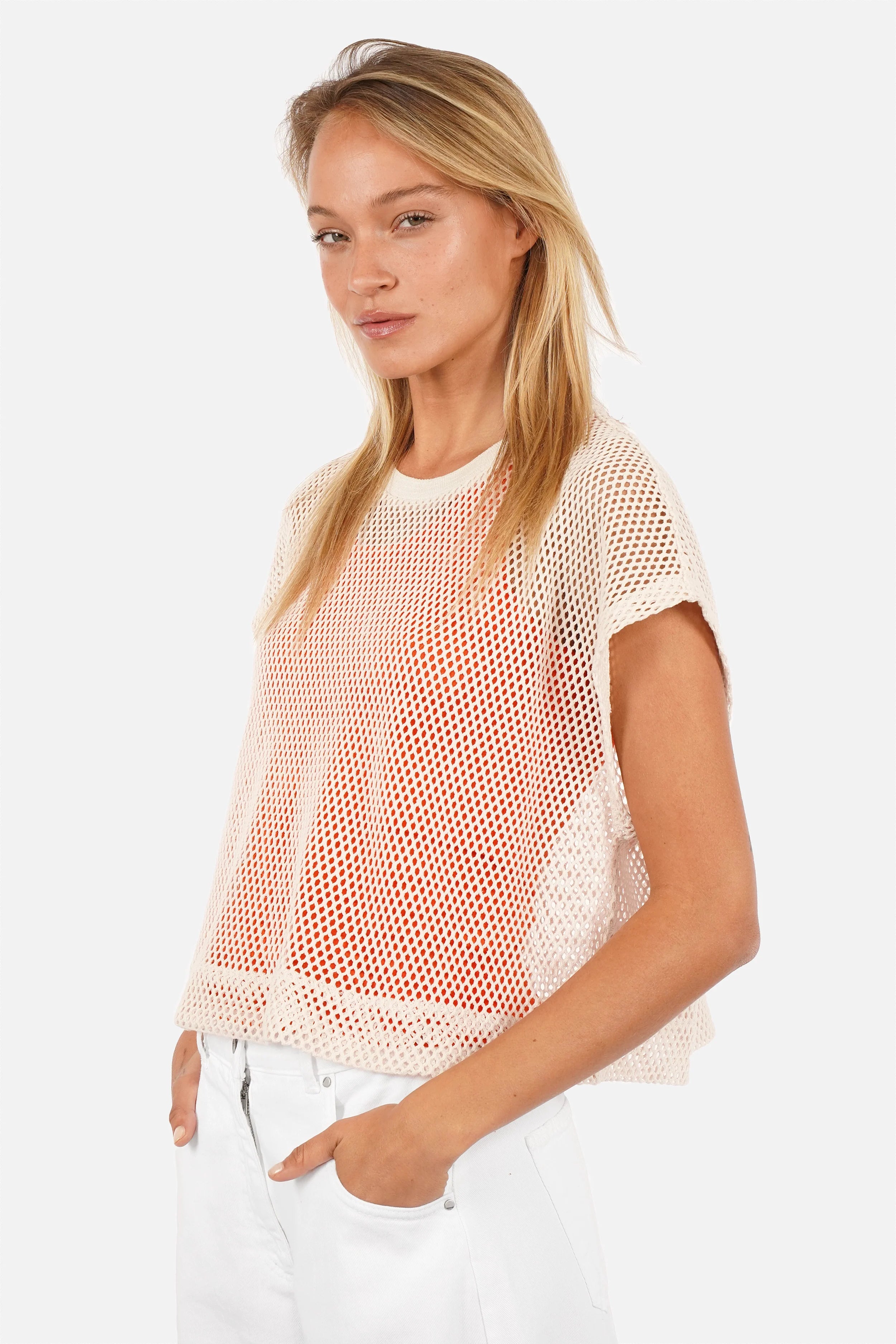 ELIX Cropped Oberteil aus gewebtem Häkelstoff mit Rundhalsausschnitt und loose Fit