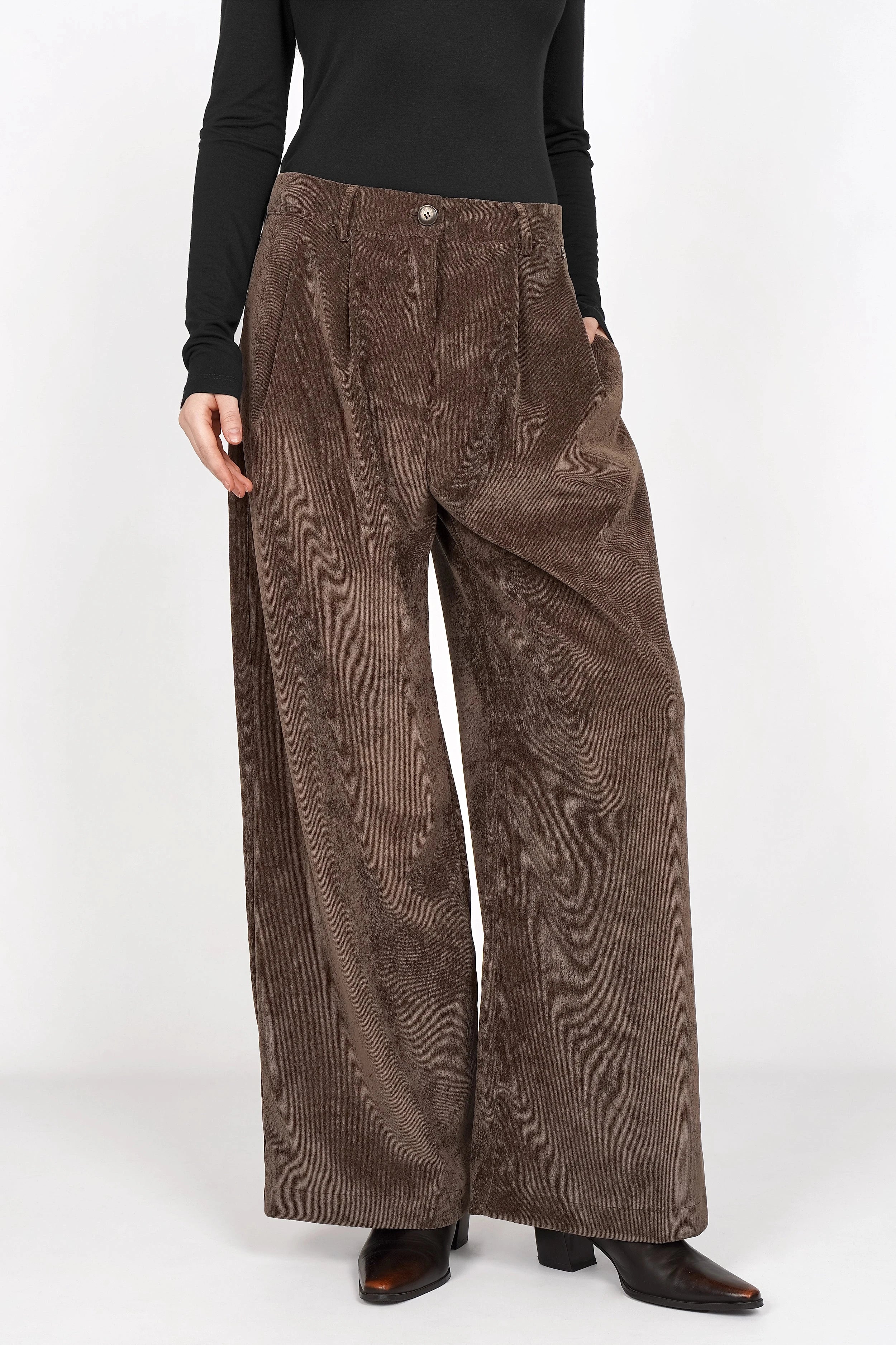 ELEE Wide Leg Cordhose braune High-Waist Cordhose mit weitem Bein und Bundfalten