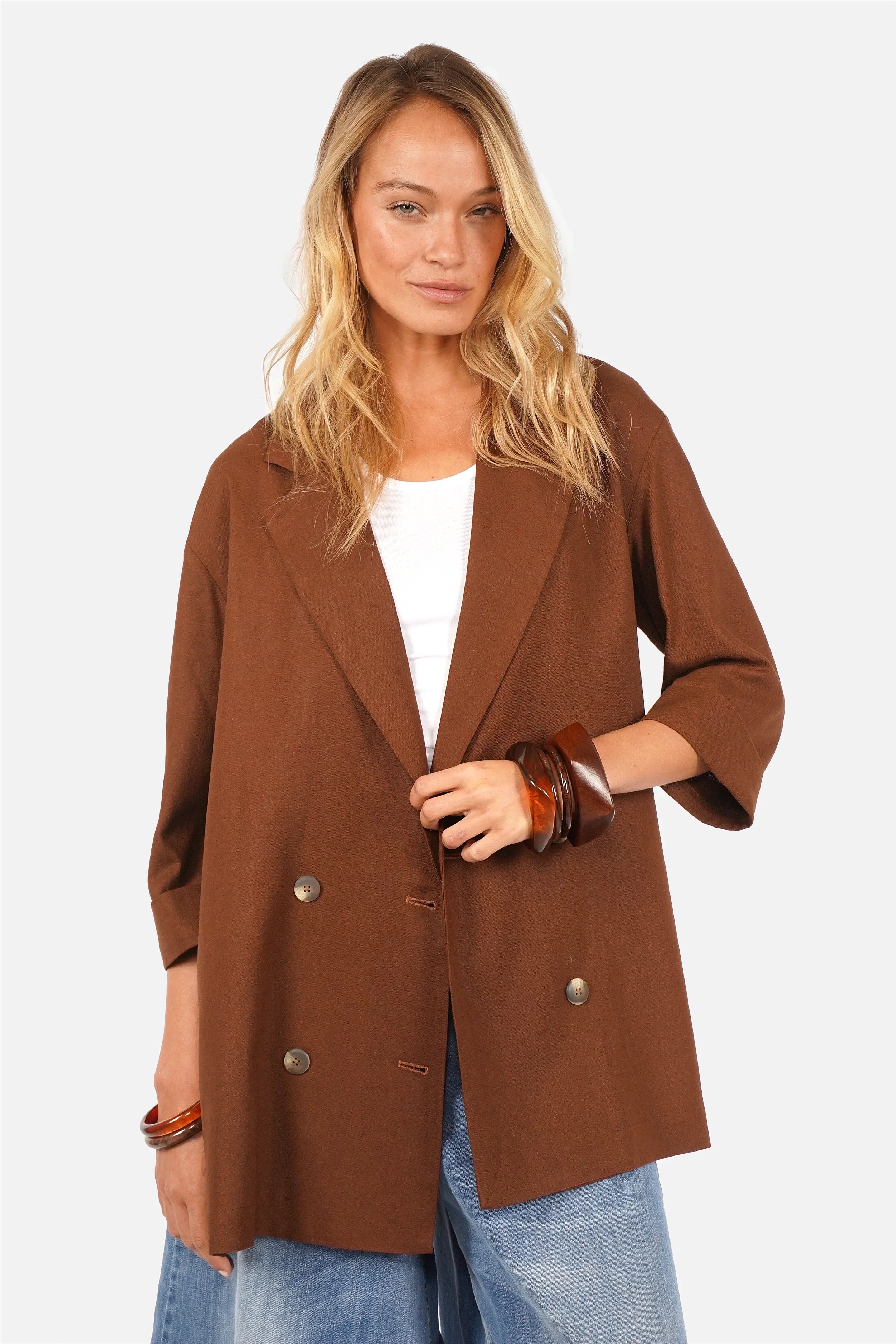ELODIA Oversized Blazer aus leichtem Leinenmix mit Reverskragen und Doppelreiherverschluss