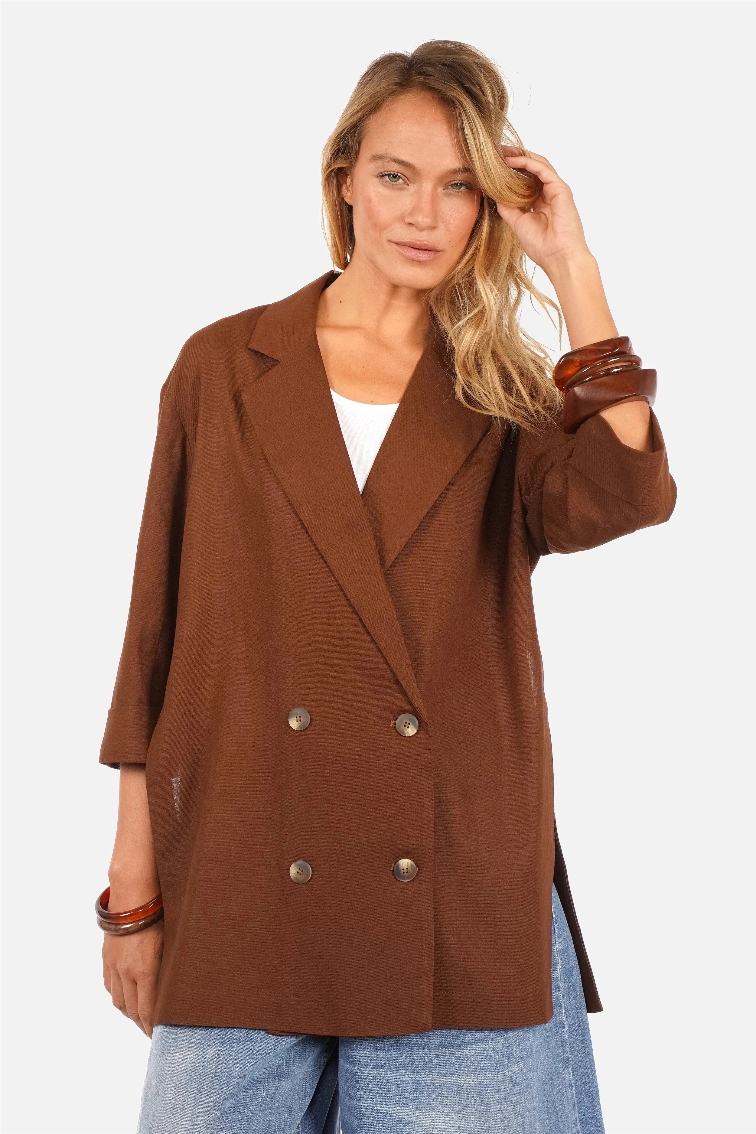 ELODIA oversized blazer aus luftig leichtem Leinenmix mit Reverskragen und doppelreiher Knopfverschluss