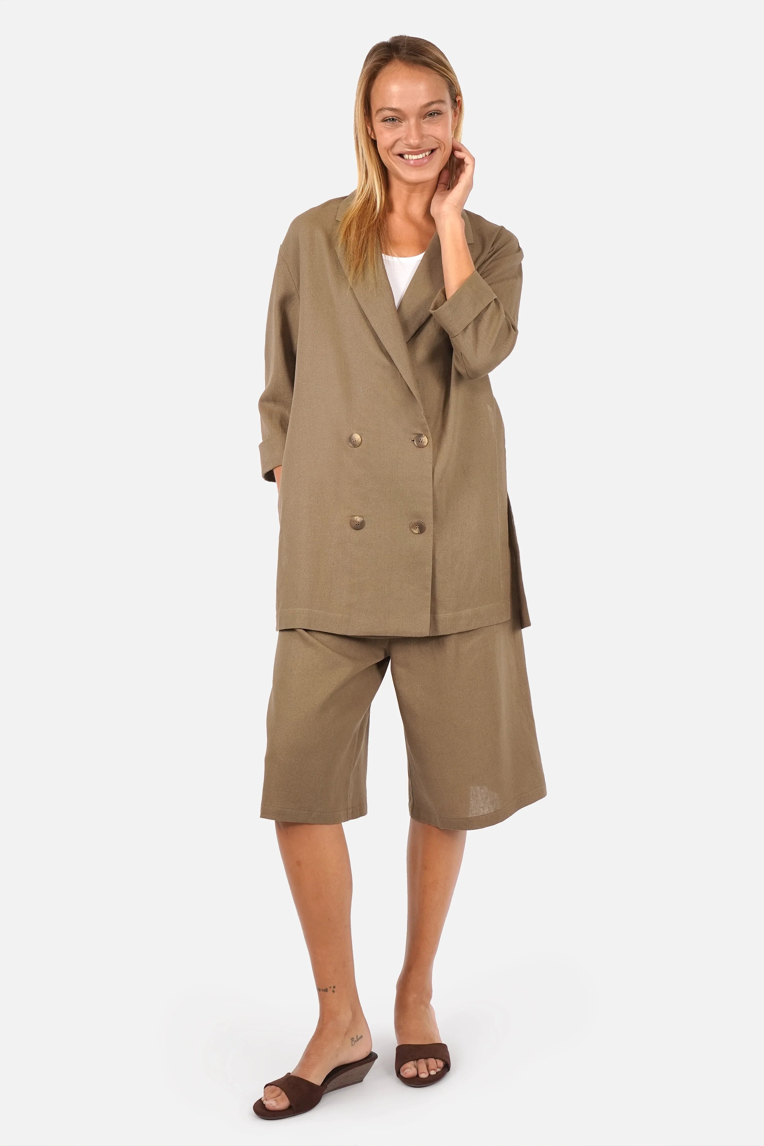ELODIA Oversized Blazer aus leichtem Leinenmix mit Reverskragen und Doppelreiherverschluss
