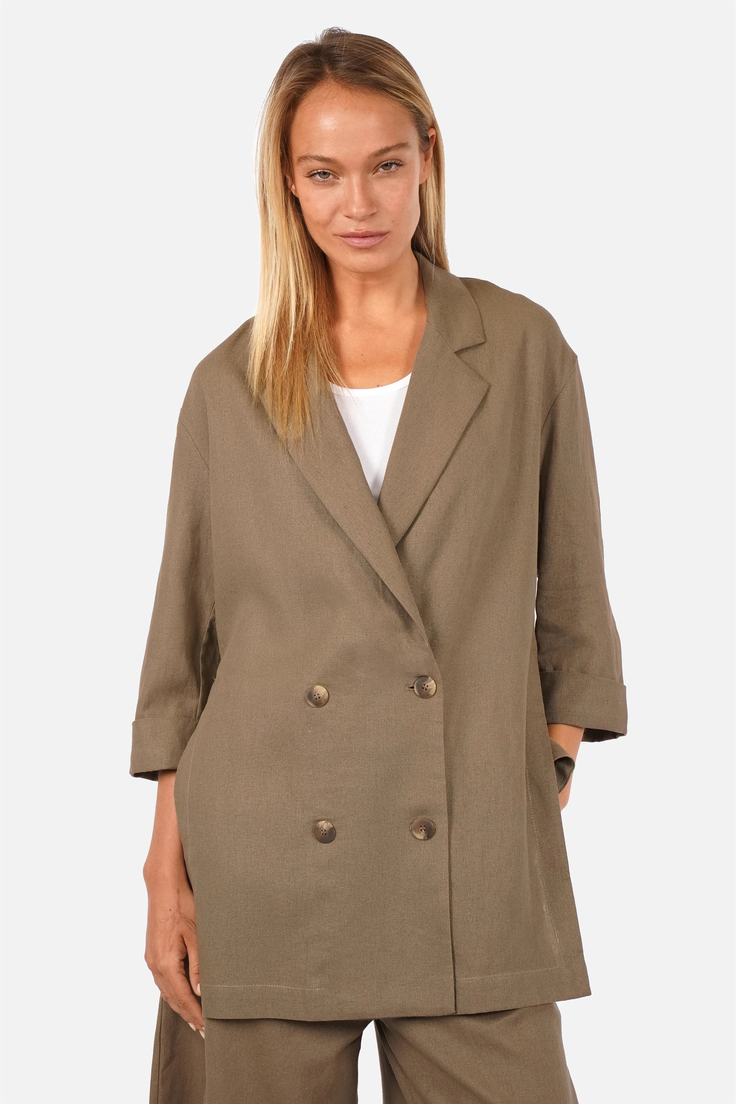 ELODIA Oversized Blazer aus leichtem Leinenmix mit Reverskragen und Doppelreiherverschluss