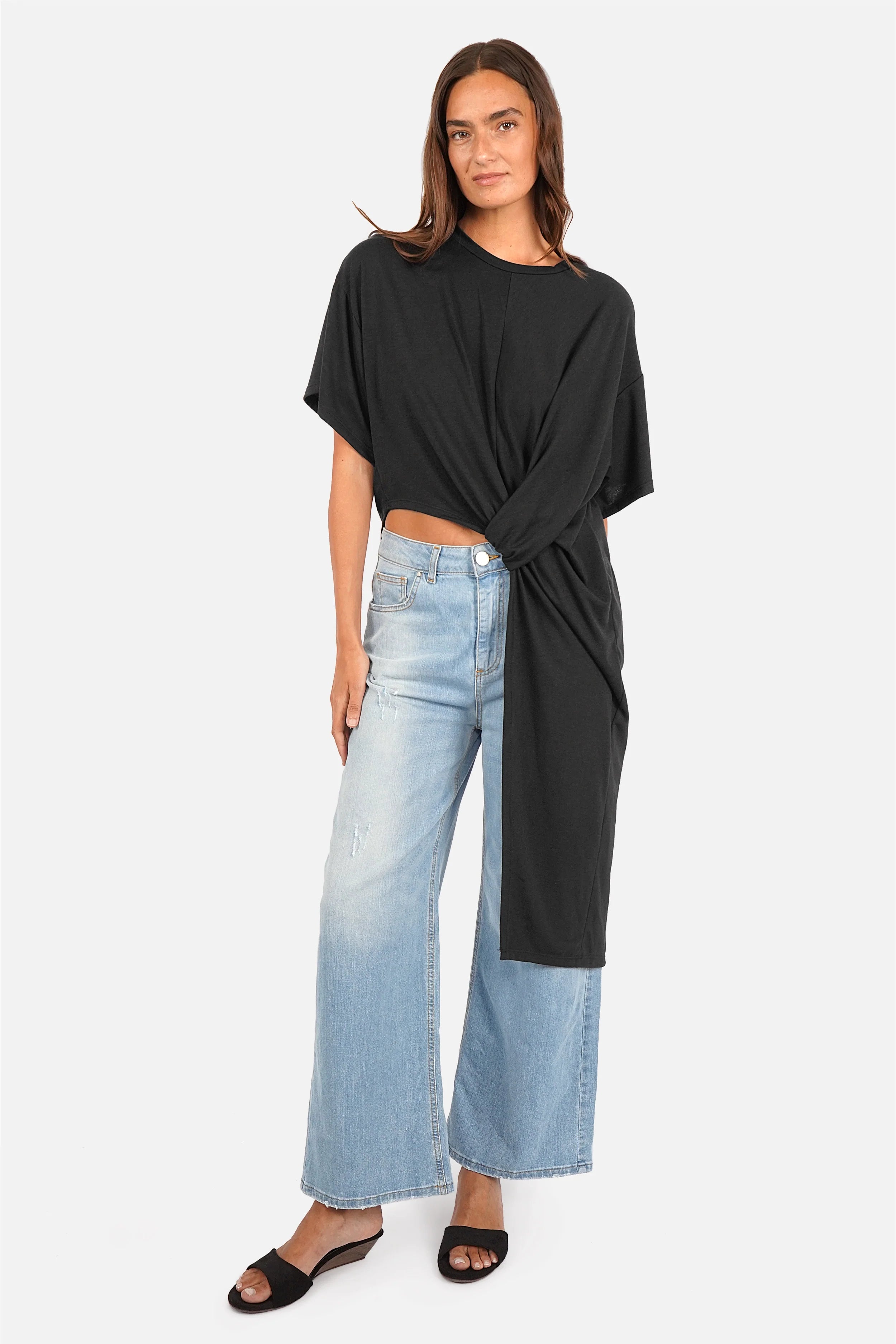 ERLY Longline T-Shirt soft viscose jersey round neck dropped shoulders draped front detail symmetrical hem regular fit model wearing XS