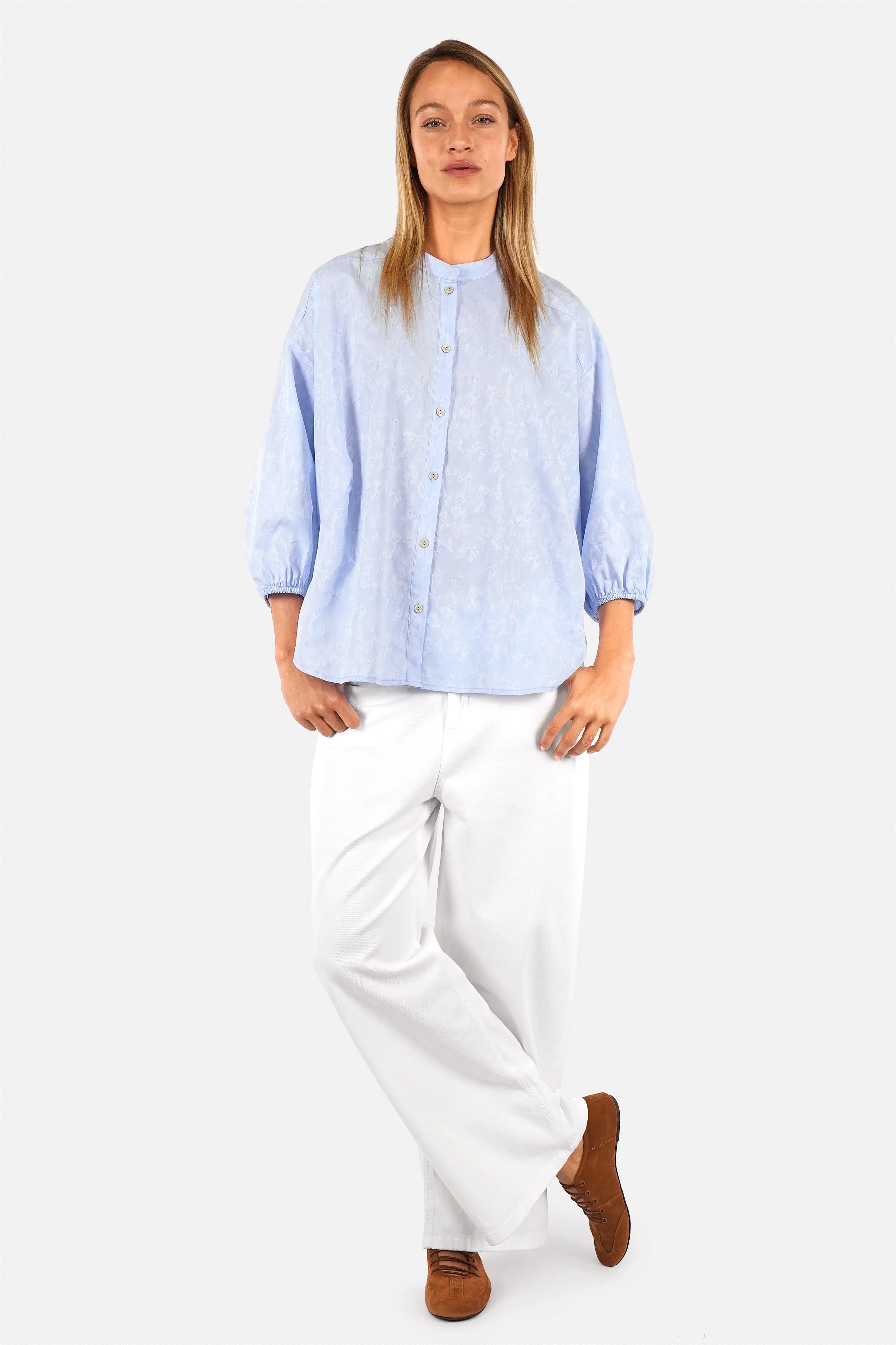 Bluse aus Baumwoll-Jacquard mit Stehkragen und dreiviertel Ärmeln in Loose Fit