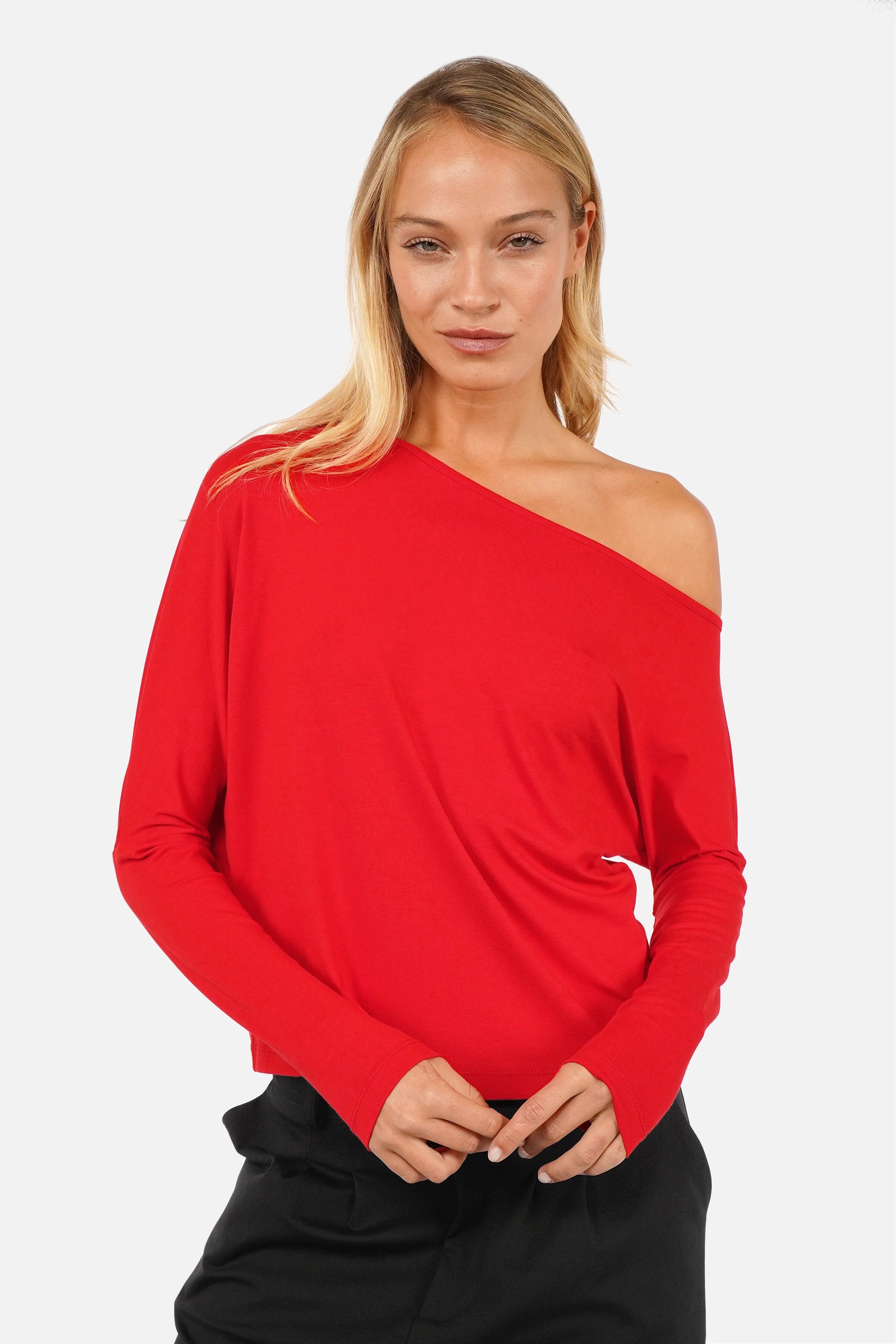 FRA One Shoulder Longsleeve mit asymmetrischem Ausschnitt und fließender Viskose in Regular Fit