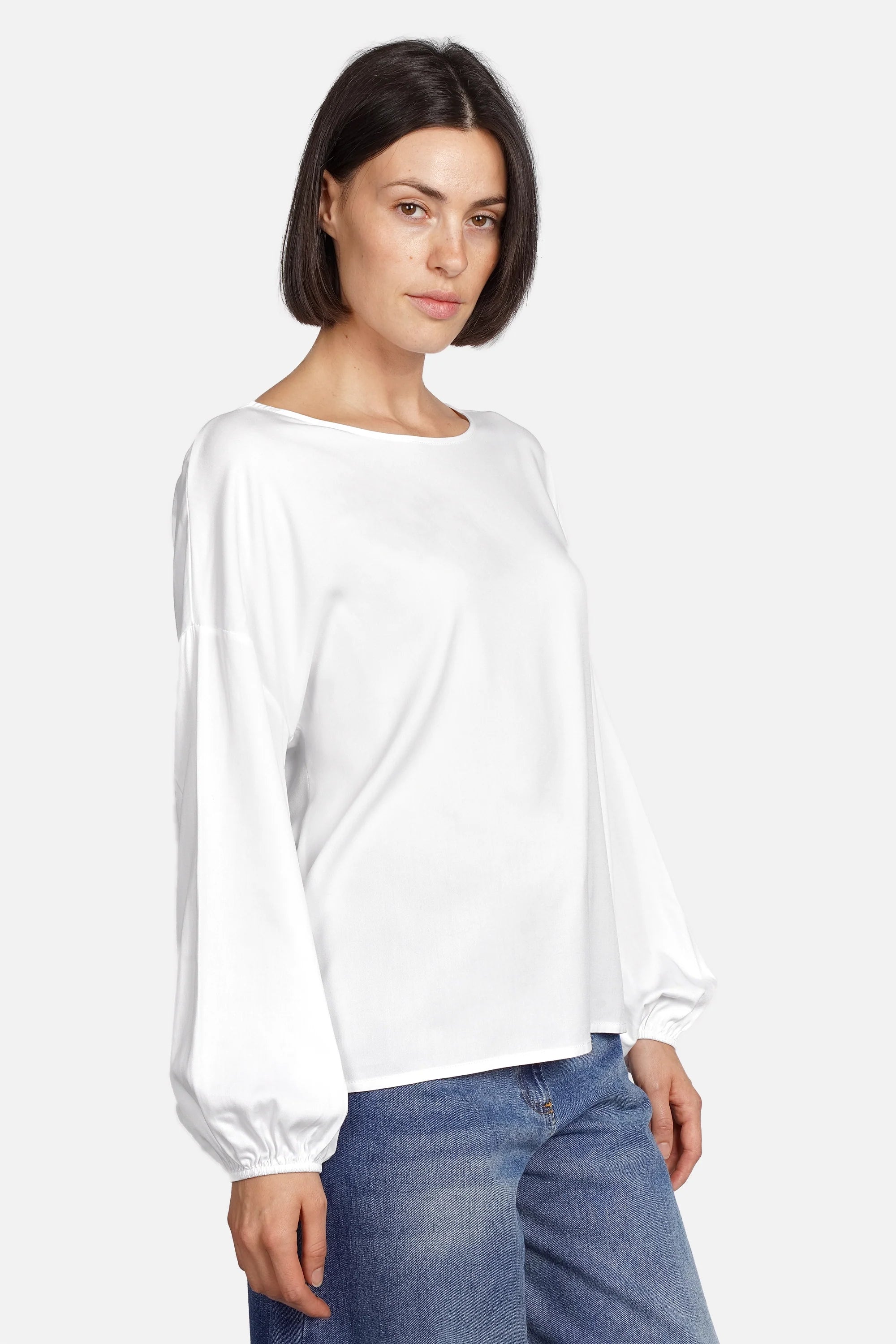 GRETA.K Bluse lockere Twill Viskosebluse mit Rundhalsausschnitt und langen Ärmeln