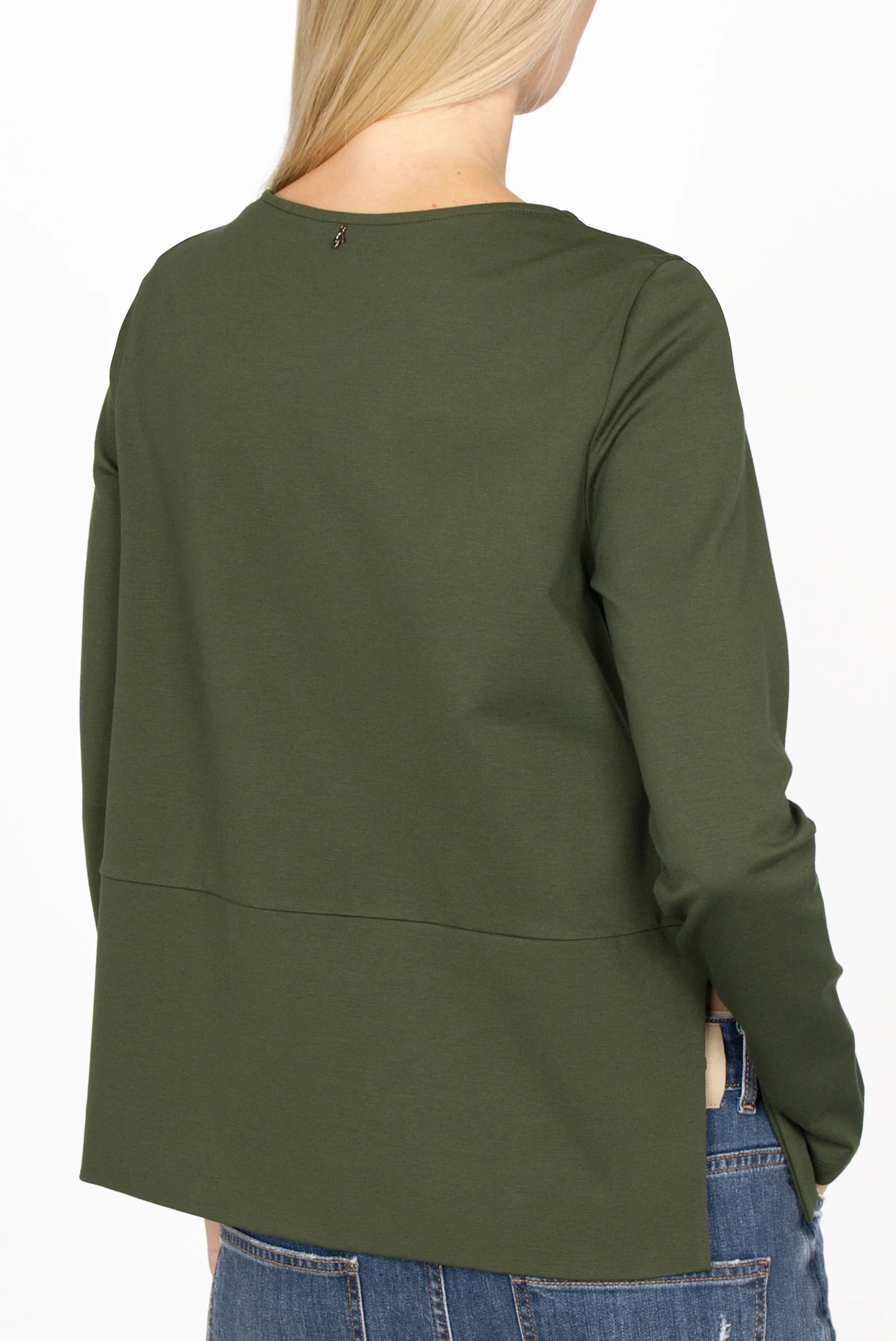 HAEIN Clean Jersey Longsleeve olive green back view with U-boat neckline and side slits