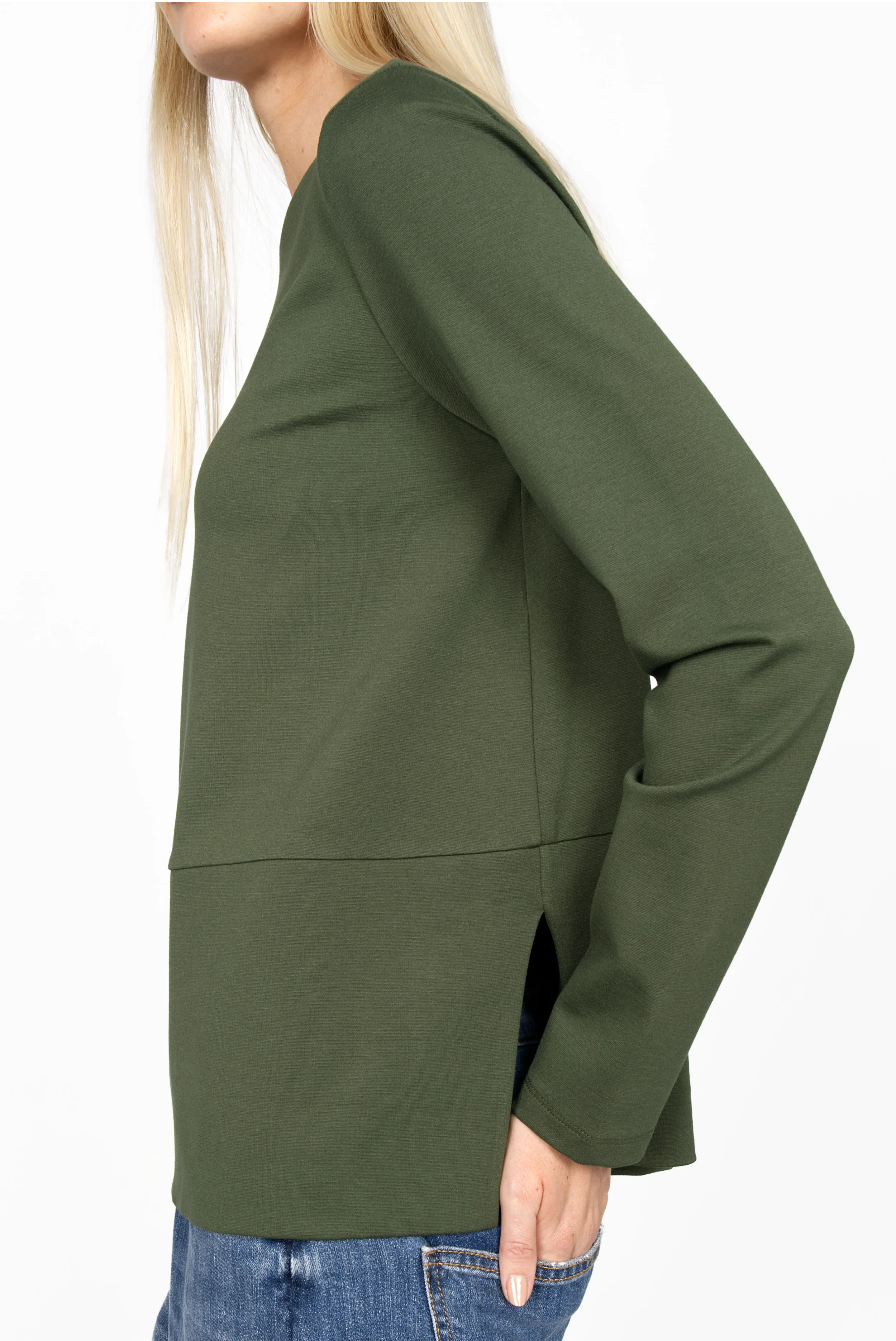 HAEIN Clean Jersey long sleeve top in olive green with U-boat neckline and side slits